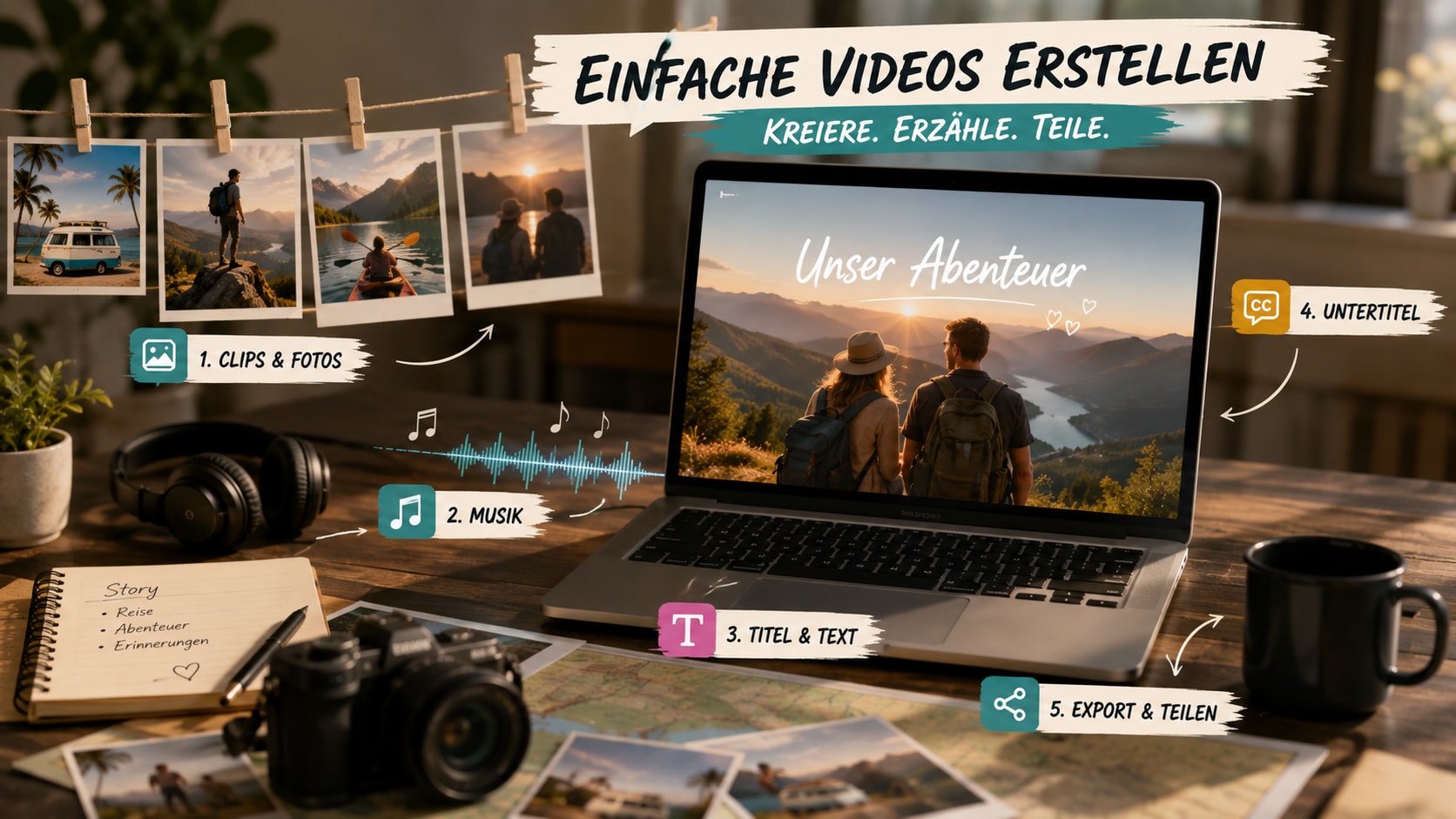 Filmora Movie Maker Timeline mit Clips Fotos Musik Titeln und Untertiteln