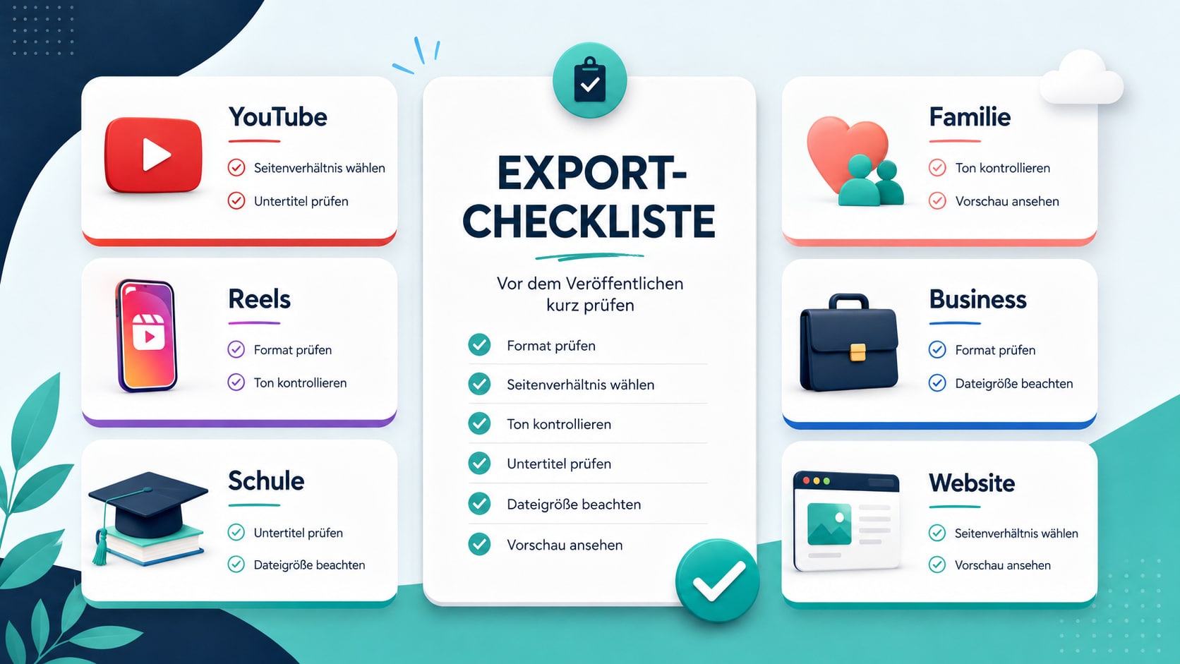 Export Checkliste fuer YouTube Reels Schule Familie Business und Website Videos