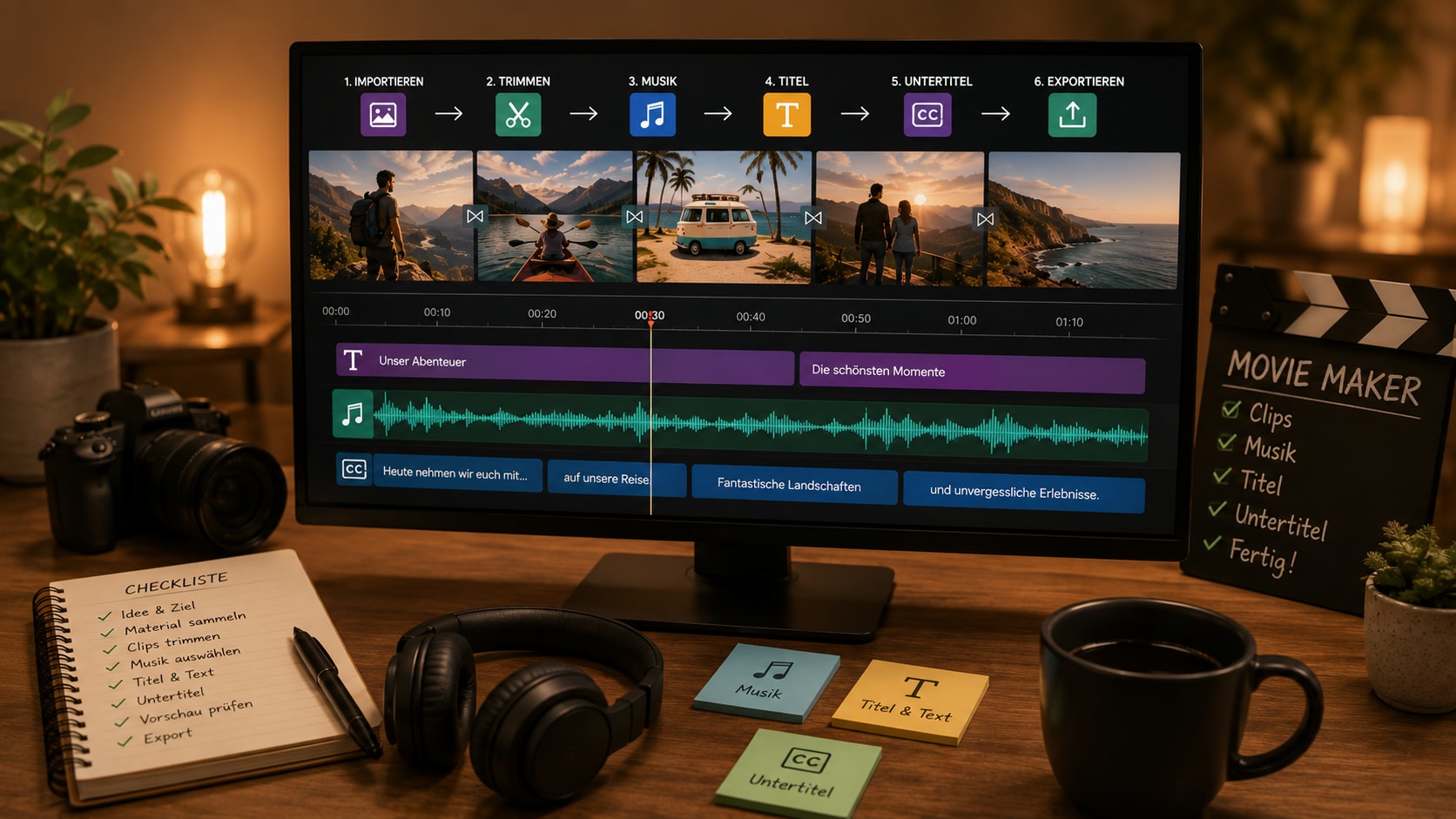 Filmora Timeline mit getrimmten Clips Musikspur Titel und automatischen Untertiteln
