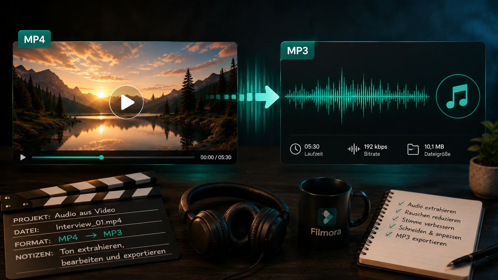 Filmora Timeline mit MP4 Video und getrennter Audio Wellenform