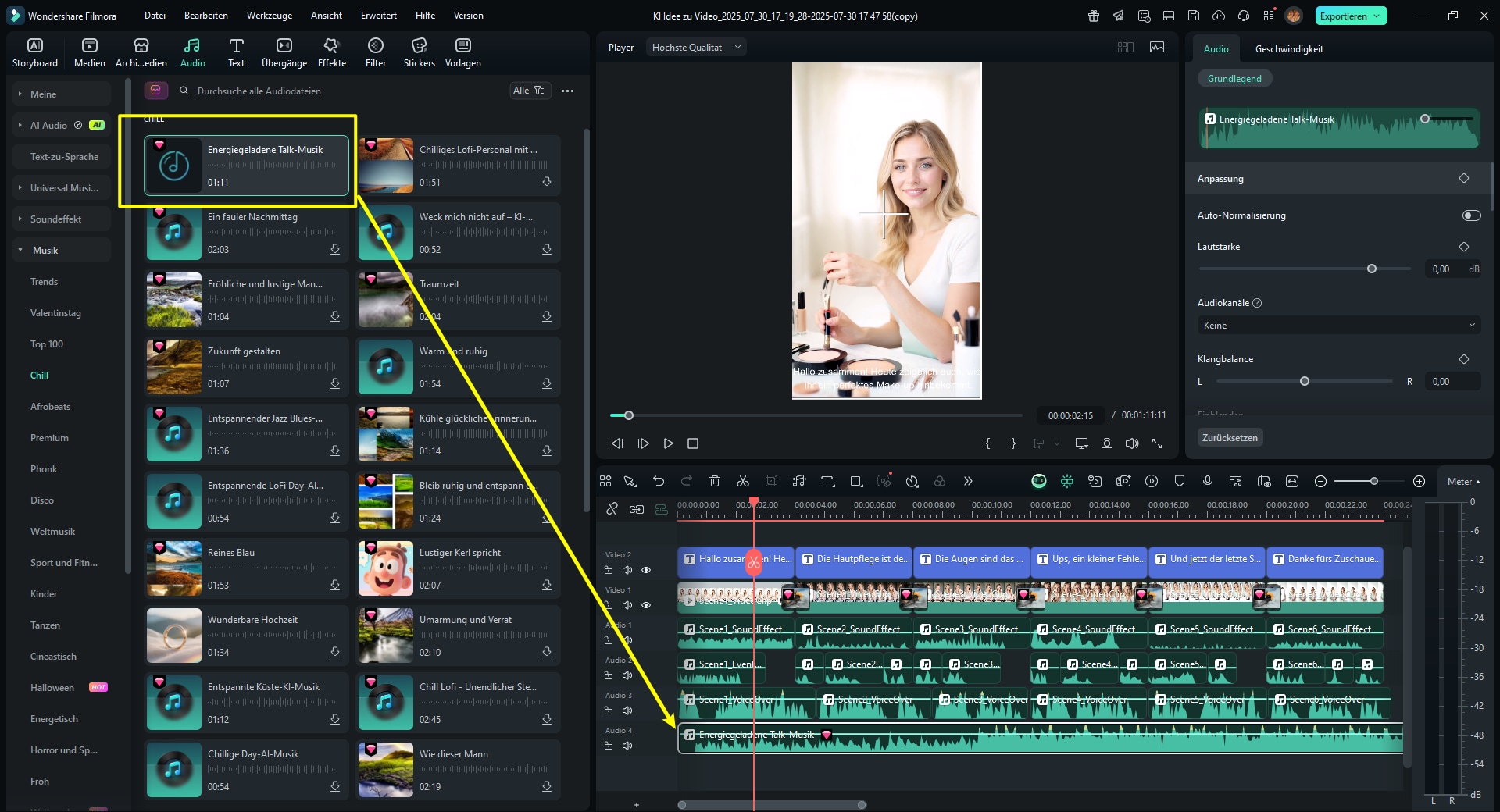 Ziehen Sie den gewünschten Track per Drag und Drop auf die Audio-Spur Ihrer Timeline (unterhalb der Videospur).