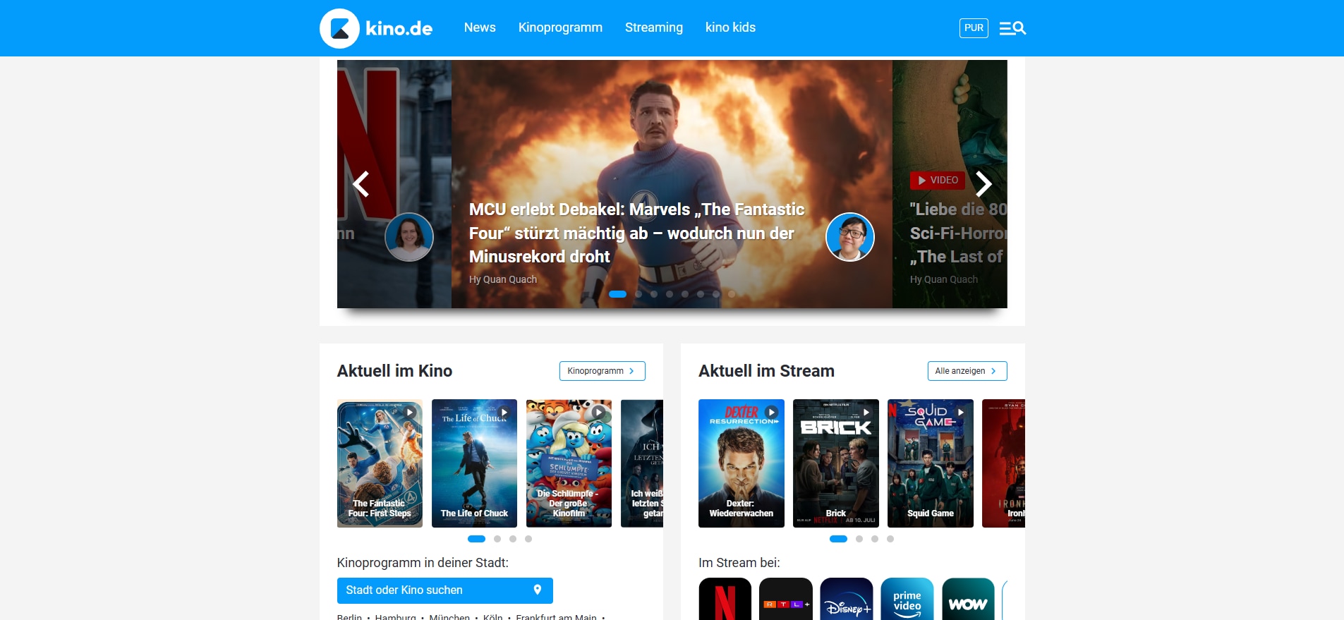 Kino.de bietet eine Mischung aus Filmkritiken, Nachrichten und Streaming von Filmen und Serien.