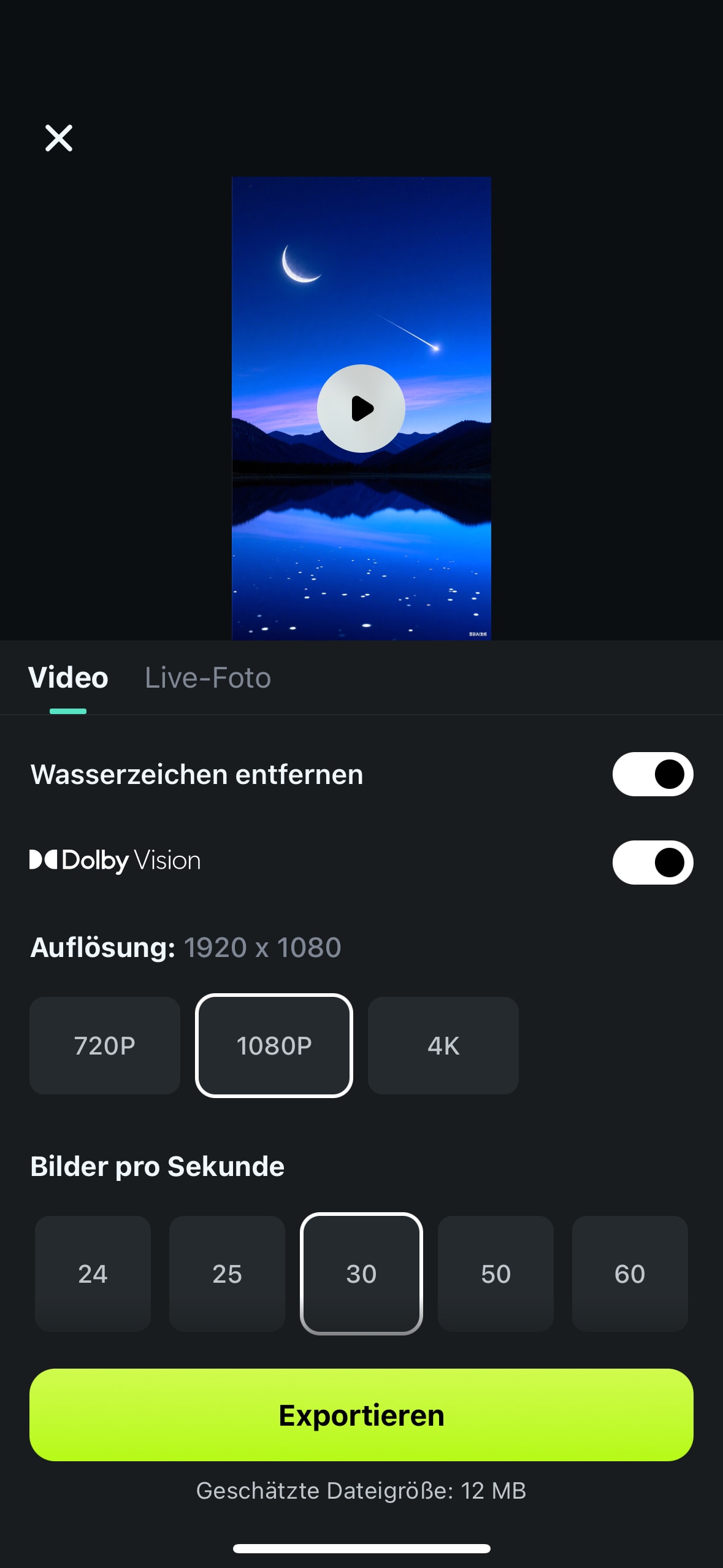 Tippen Sie auf „Exportieren“ – und teilen Sie direkt über WhatsApp, Instagram Story oder speichern Sie es in der Galerie.