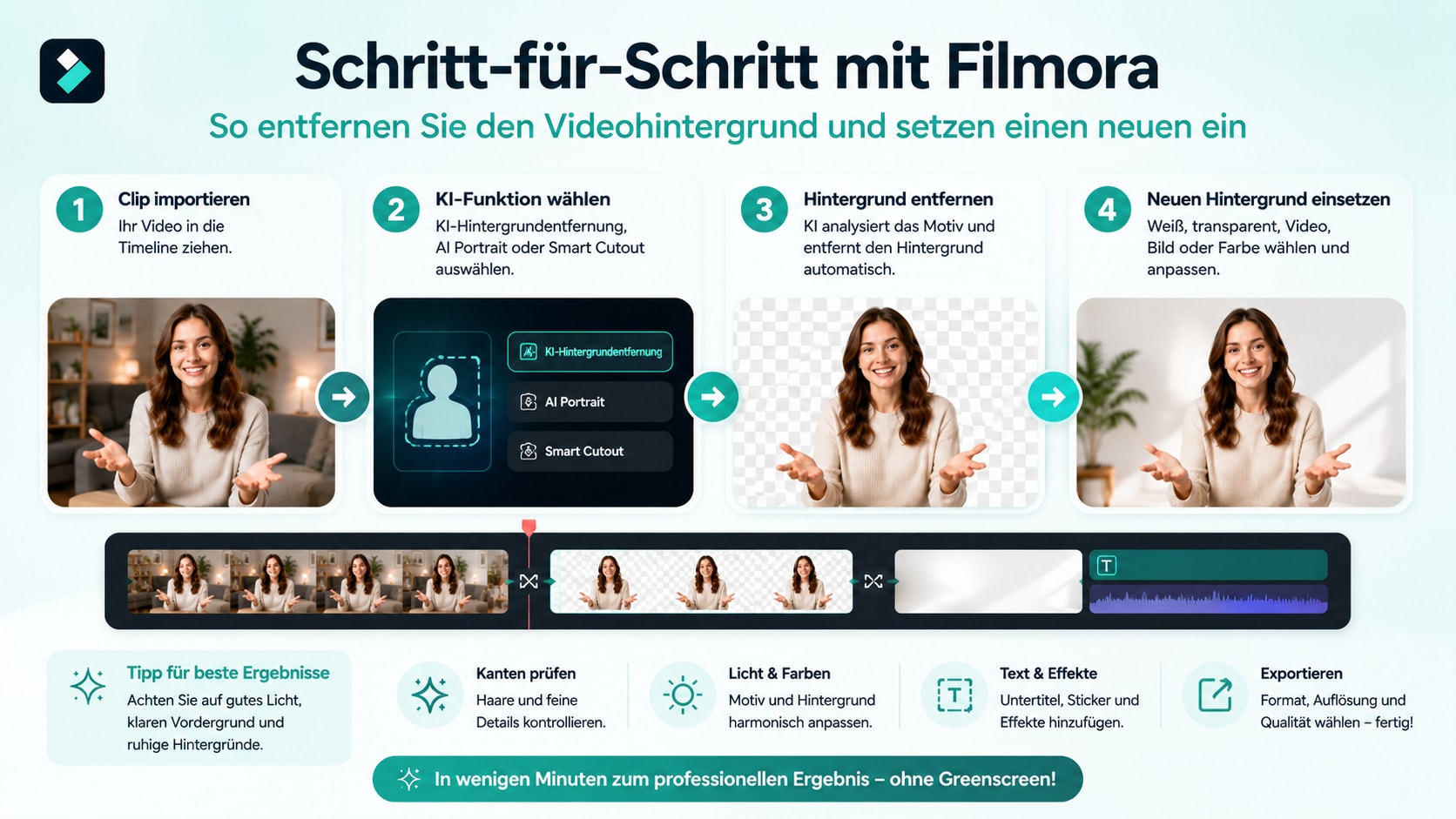 Video in Filmora Timeline importieren und Hintergrund entfernen