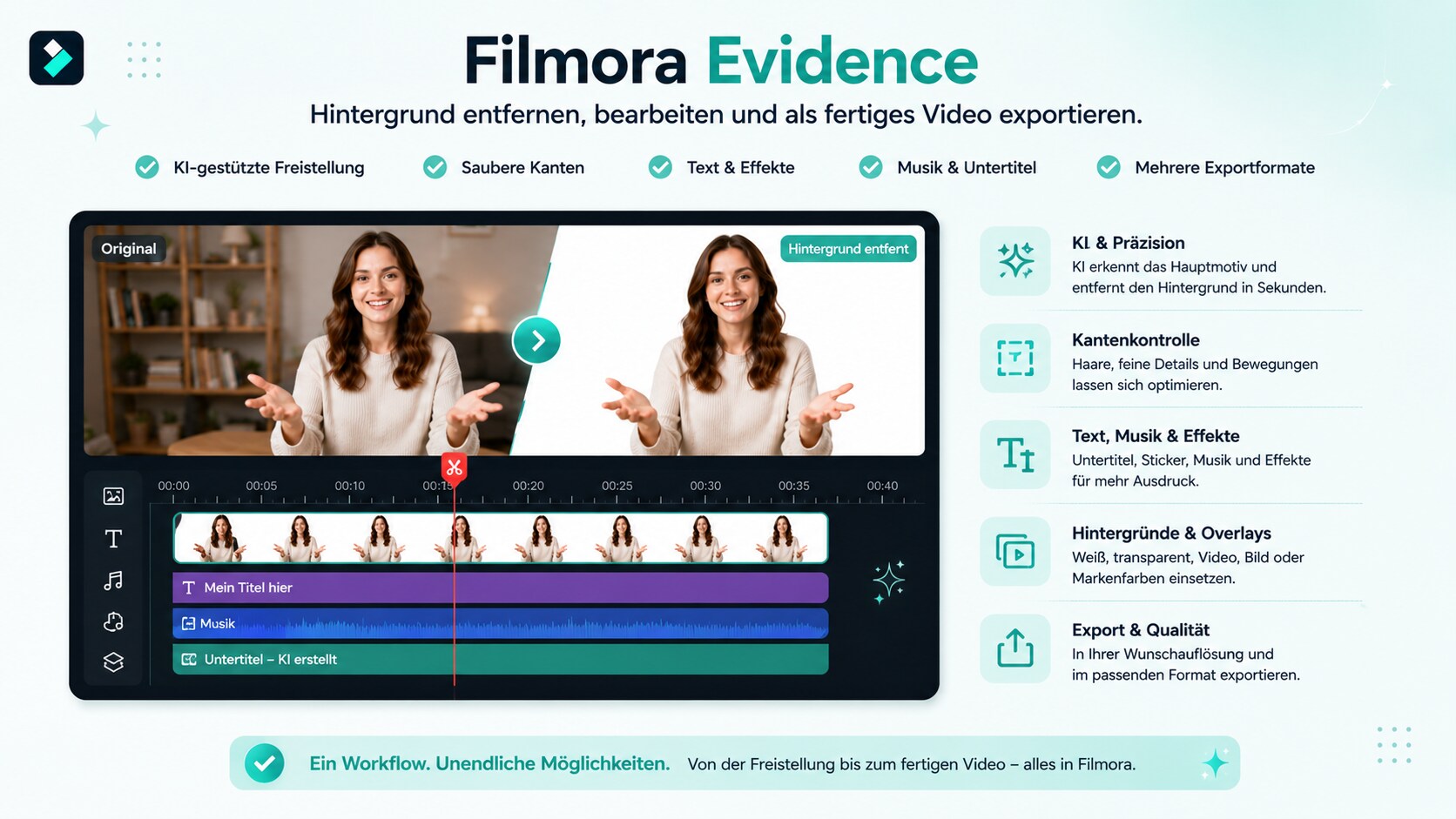 Filmora Timeline mit Hintergrundentfernung Text Musik und Export
