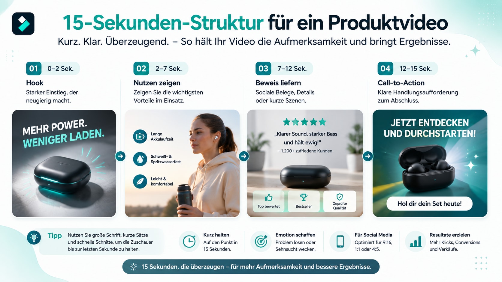 Produktvideo mit weißem Hintergrund Hook Nutzen und CTA
