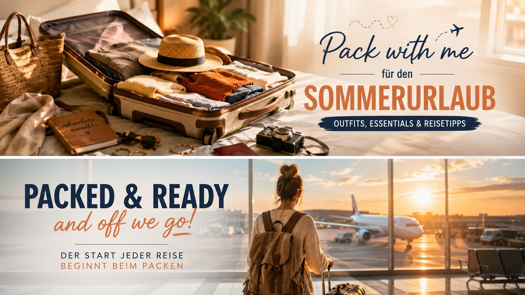 Offener Koffer mit Sommer-Outfits, Sonnenbrille und Reise-Essentials als Szene für ein Pack-with-Me-Video
