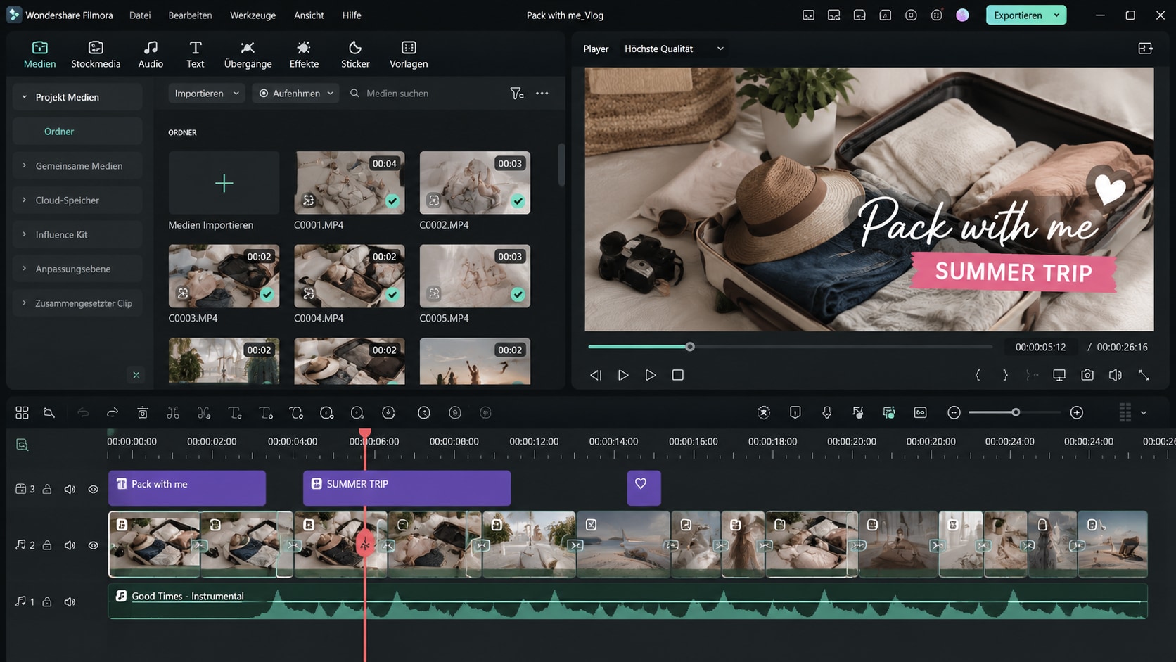 Bearbeitung eines Pack-with-Me-Videos in Filmora mit kurzen Clips, Text-Overlay und Musikspur