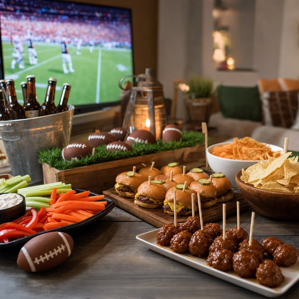 Snack-Tisch für eine Fußball-Watch-Party mit Fingerfood, Getränken und dekorativer Matchday-Stimmung