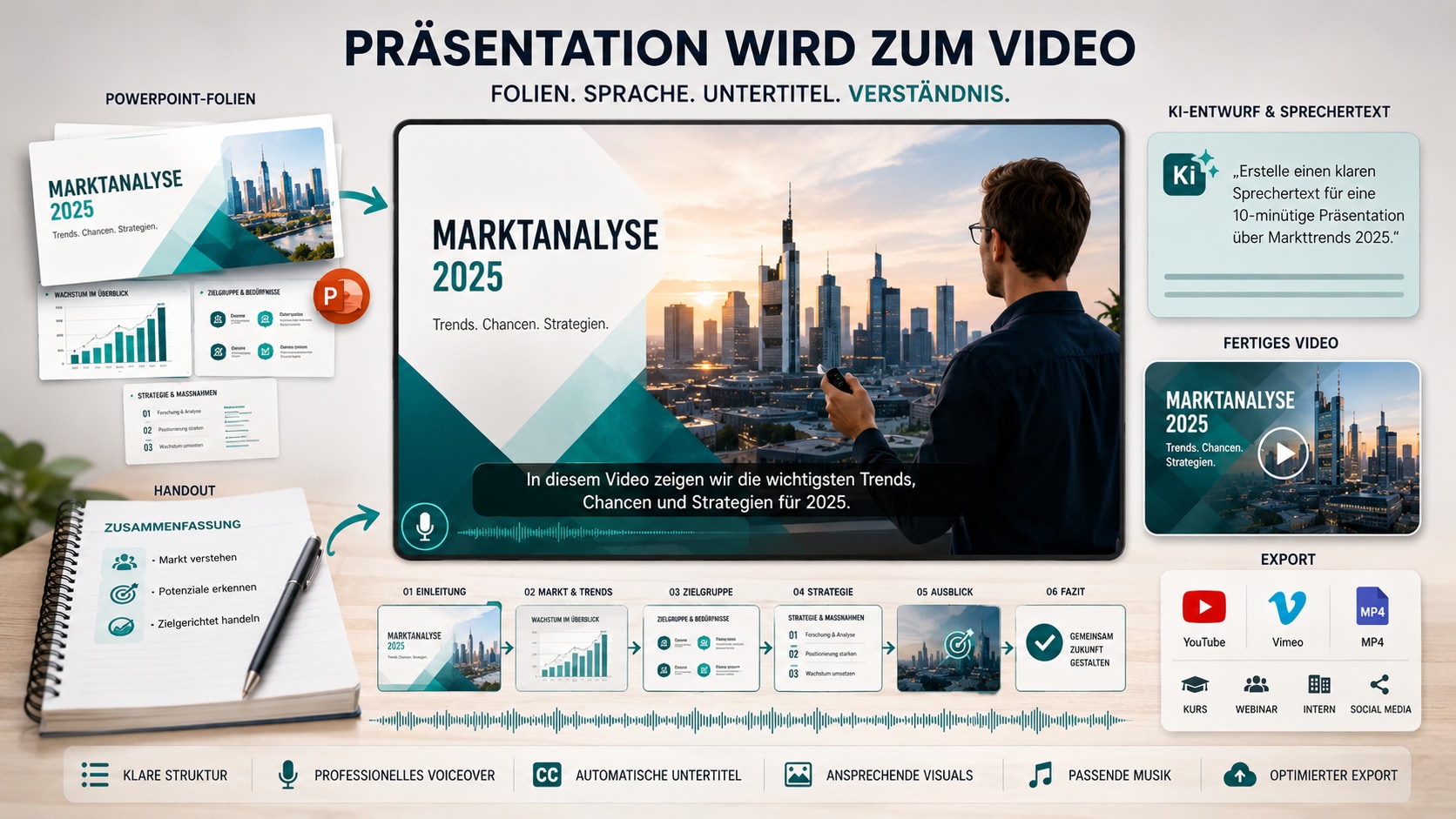 Präsentation wird in Filmora zu einem Video mit Folien Szenen Voiceover und Untertiteln