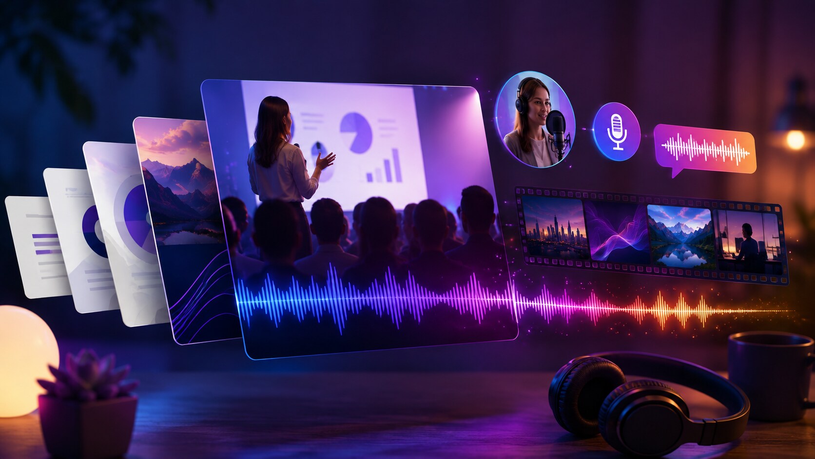 Filmora Timeline mit Folien Szenen Voiceover Spur automatischen Untertiteln und Export