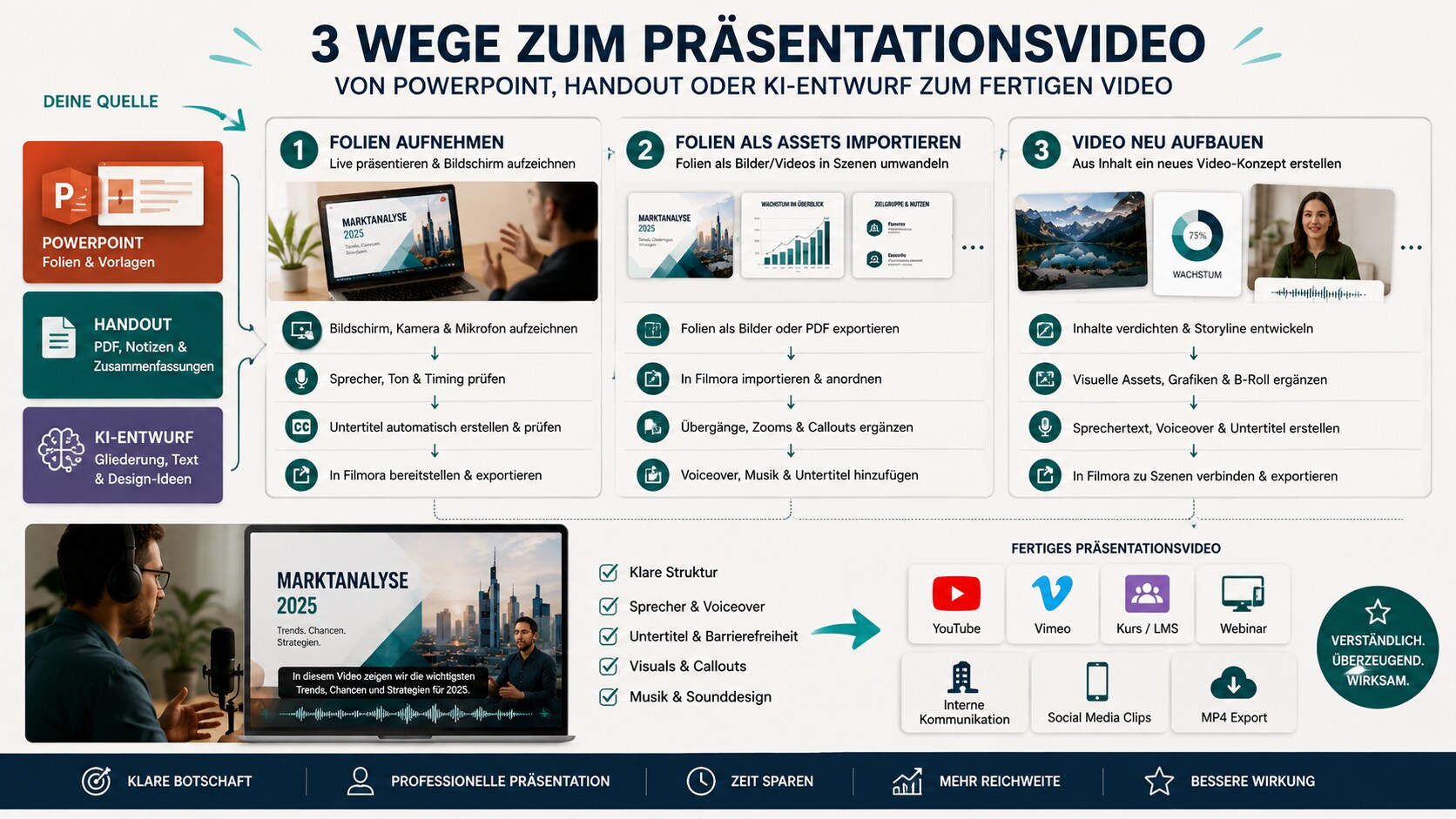 PowerPoint Aufnahme Folien Import und Video Neuaufbau als Workflow Vergleich