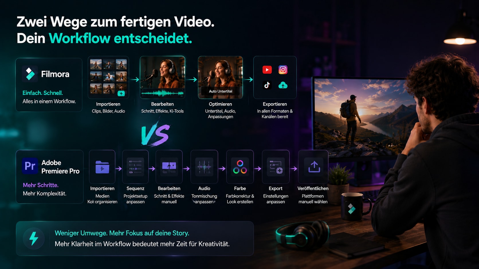 Filmora-Workflow mit Zeitleiste, Untertiteln und Export im Vergleich zu Premiere Pro
