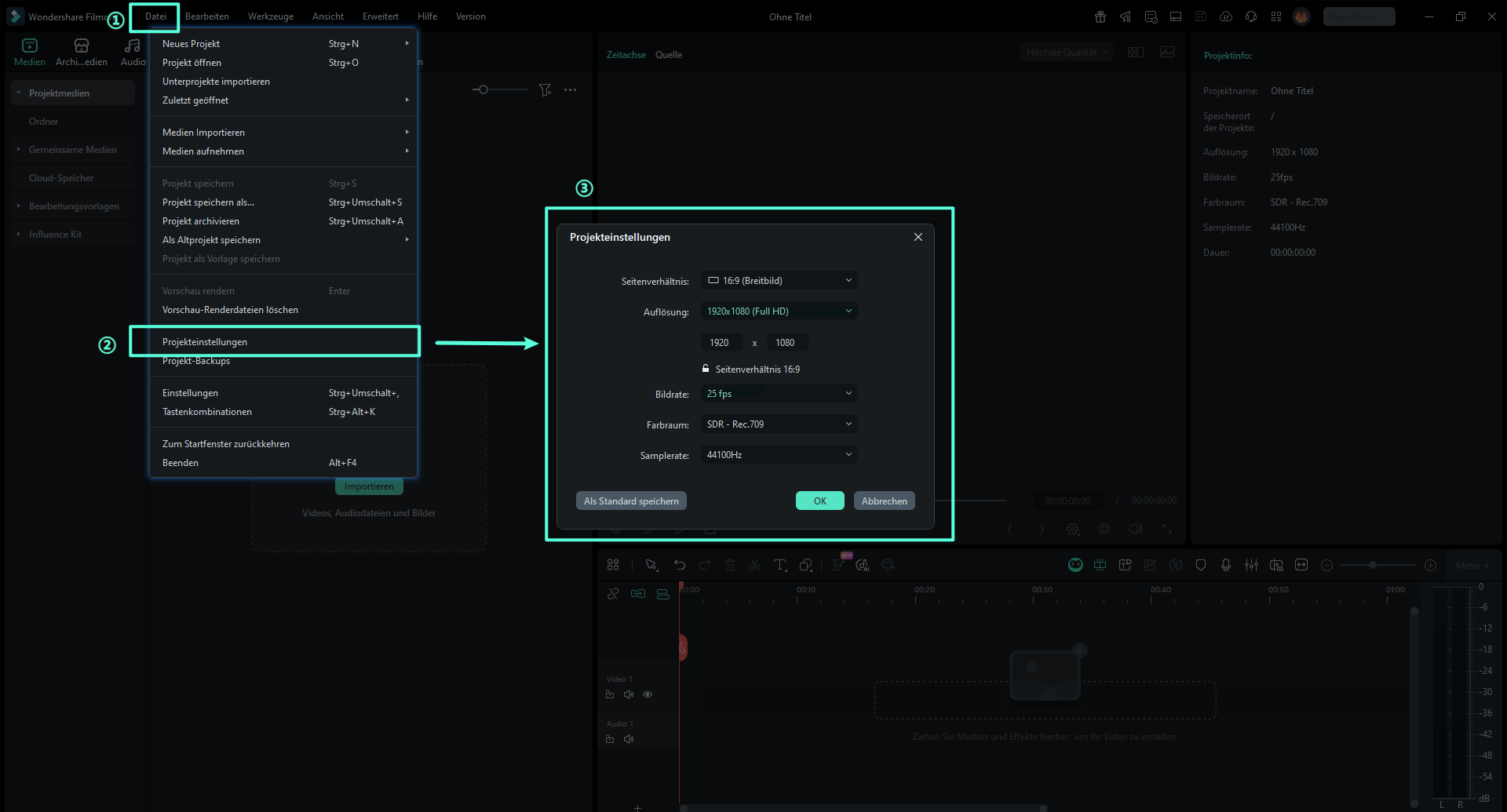 Projekt einrichten mit korrektem Format