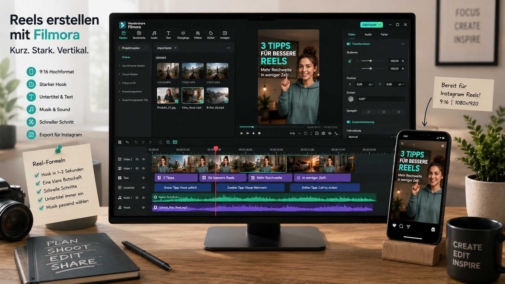 Filmora Timeline im Hochformat zum Reels erstellen