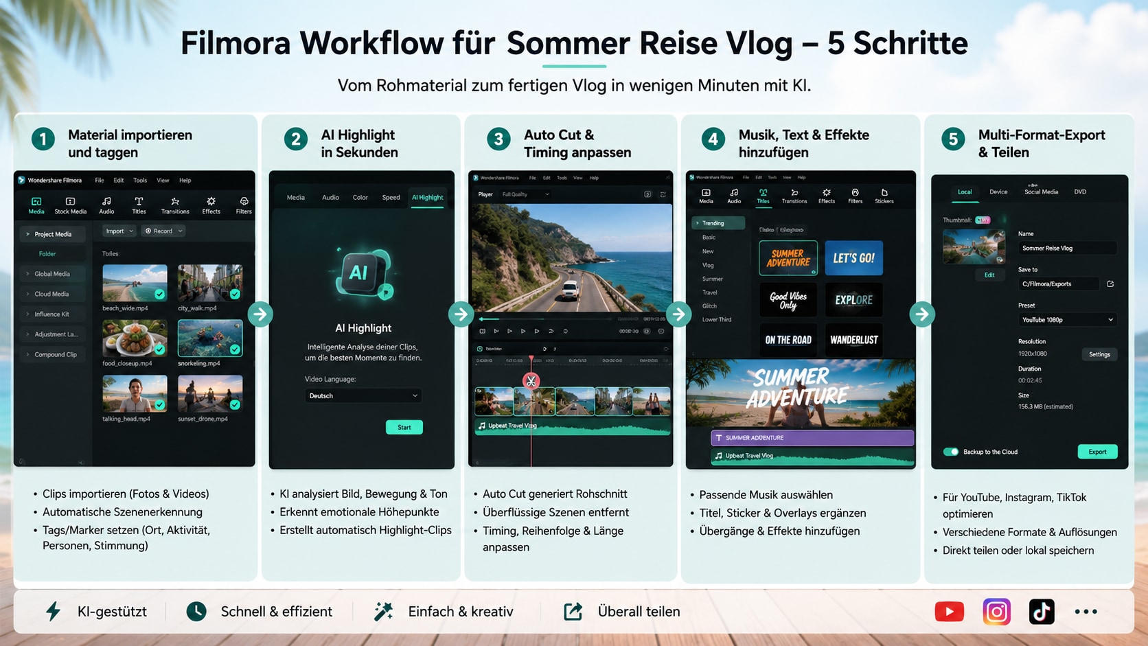 filmora workflow für sommer reise vlog schritte eins bis fünf