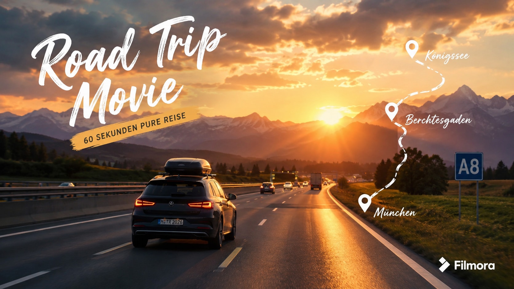 Hero-Bild: Cinematic Road-Trip Movie — Bayerische Autobahn bei Sonnenuntergang, golden hour Lichtstimmung.
