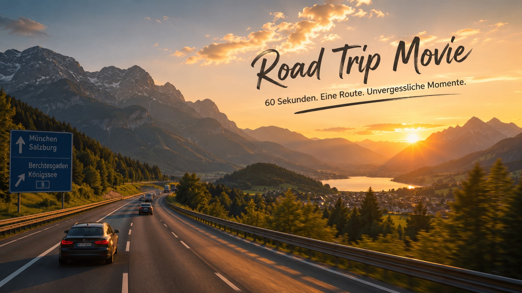 Workflow-Flat-Lay: fünf Polaroid-Karten für den Road-Trip-Movie-Workflow: 1 SELECT, 2 MAP, 3 SPEED, 4 BEAT, 5 EXPORT.