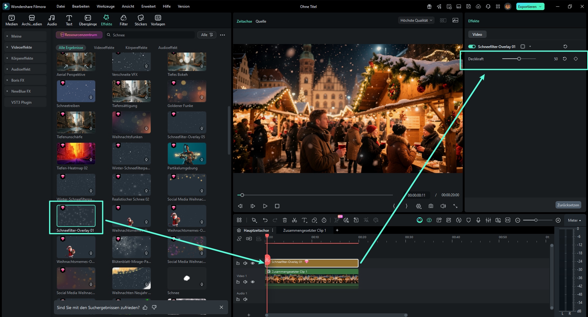 Schneefall-Overlay in Filmora: Sanfte Schneeflocken über Weihnachtsmarkt-Szene
