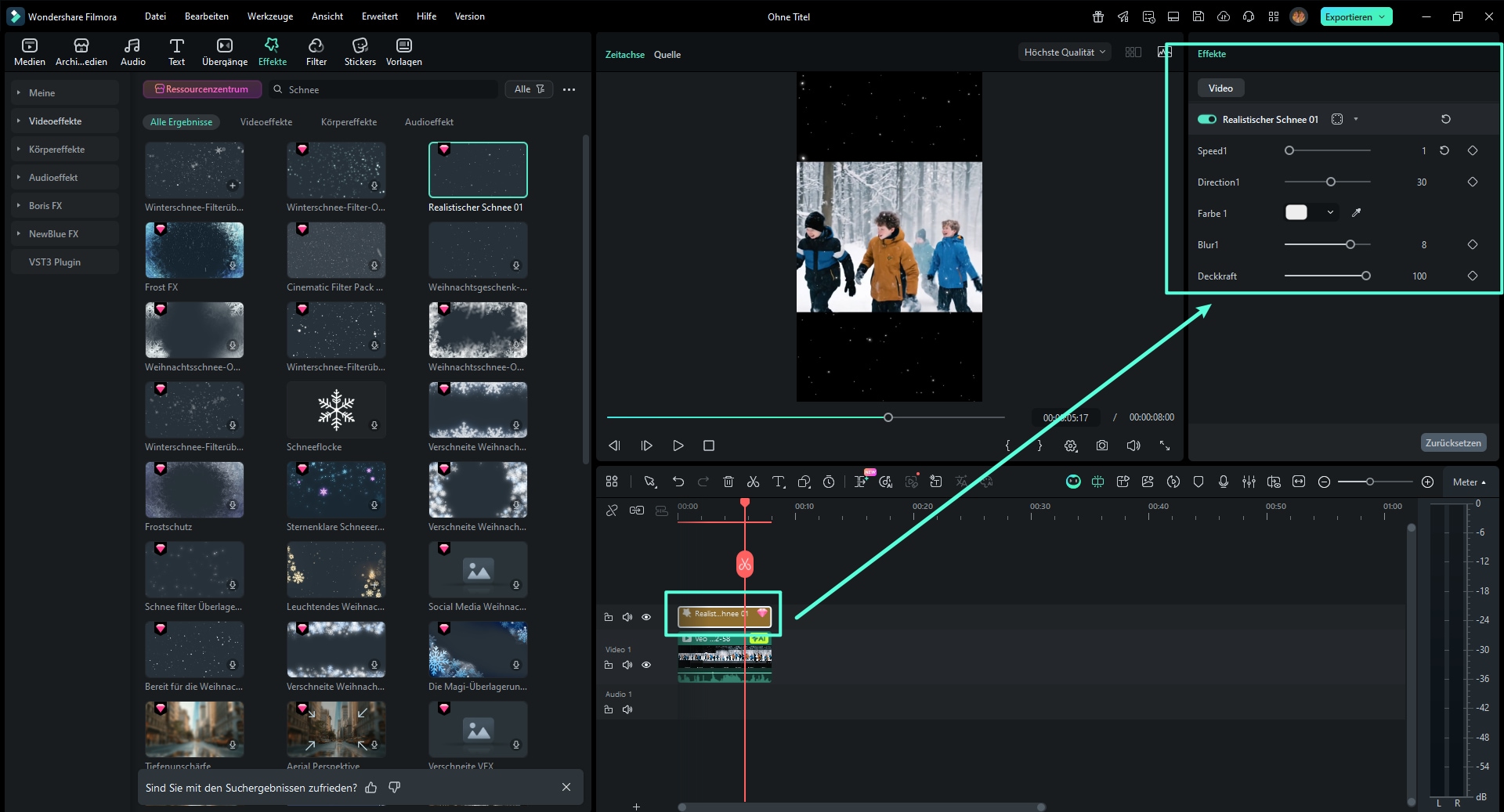 Doppelklicken Sie auf den Effekt in der Timeline, um erweiterte Einstellungen zu öffnen.