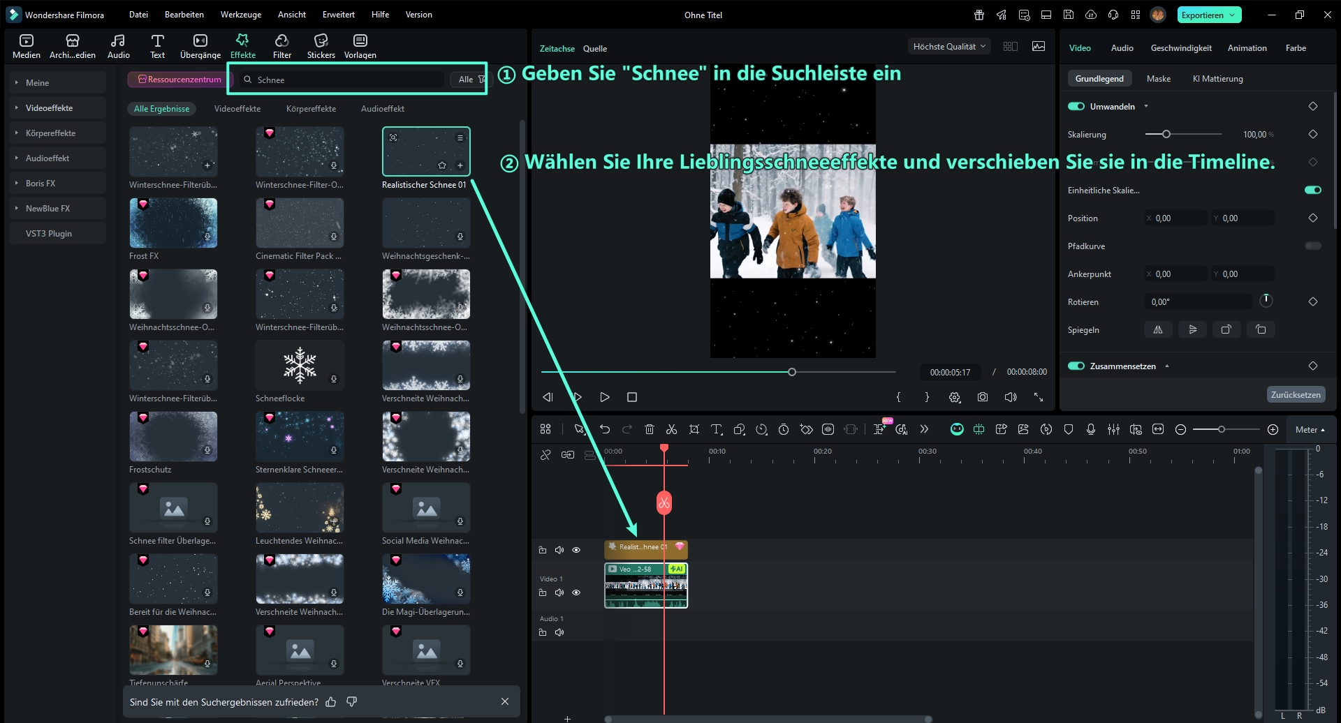 Wählen Sie den gewünschten Schneefall-Effekt aus der Bibliothek und ziehen Sie ihn auf eine Überlagerungsspur über Ihrem Video.