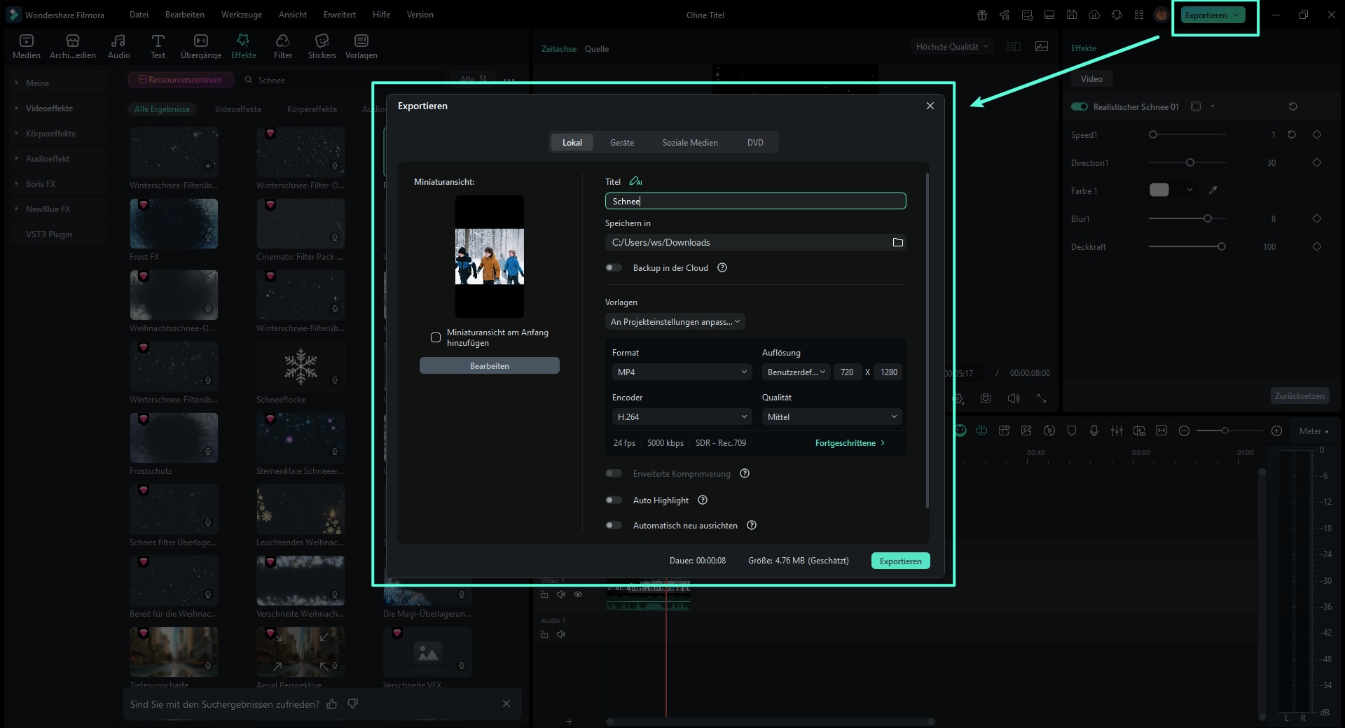 Wenn Sie mit dem Ergebnis zufrieden sind, klicken Sie auf Exportieren