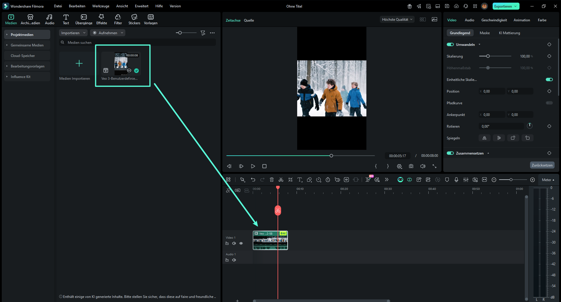 Ziehen Sie Ihr Video auf die Timeline am unteren Bildschirmrand.