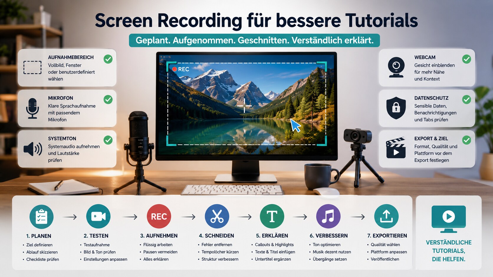 Screen-Recording-Checkliste mit Desktop Mikrofon Systemton Webcam Datenschutz und Filmora Workflow
