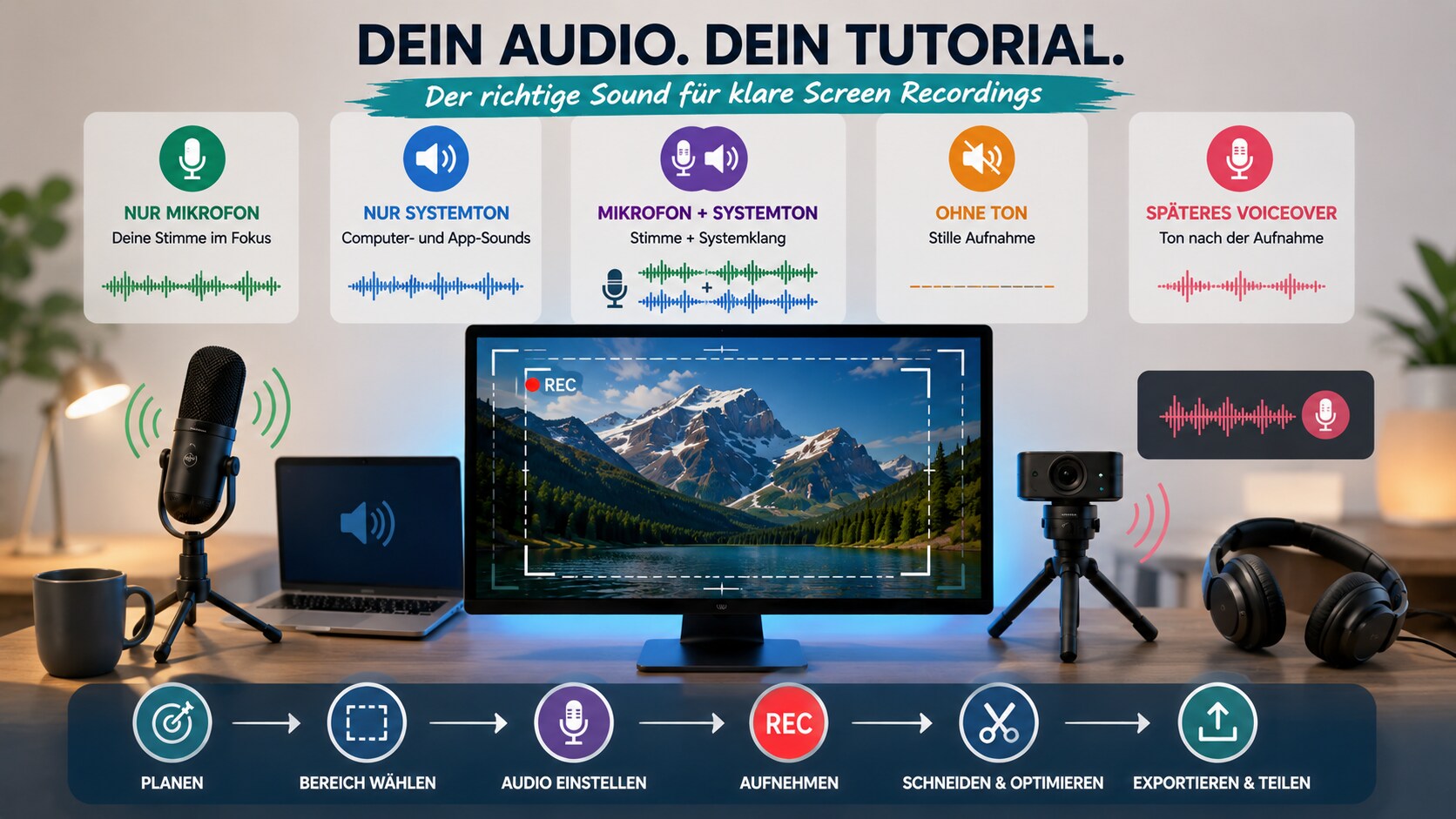 Audio-Matrix für Bildschirmaufnahme mit Mikrofon Systemton beiden Tonquellen ohne Ton und Voiceover