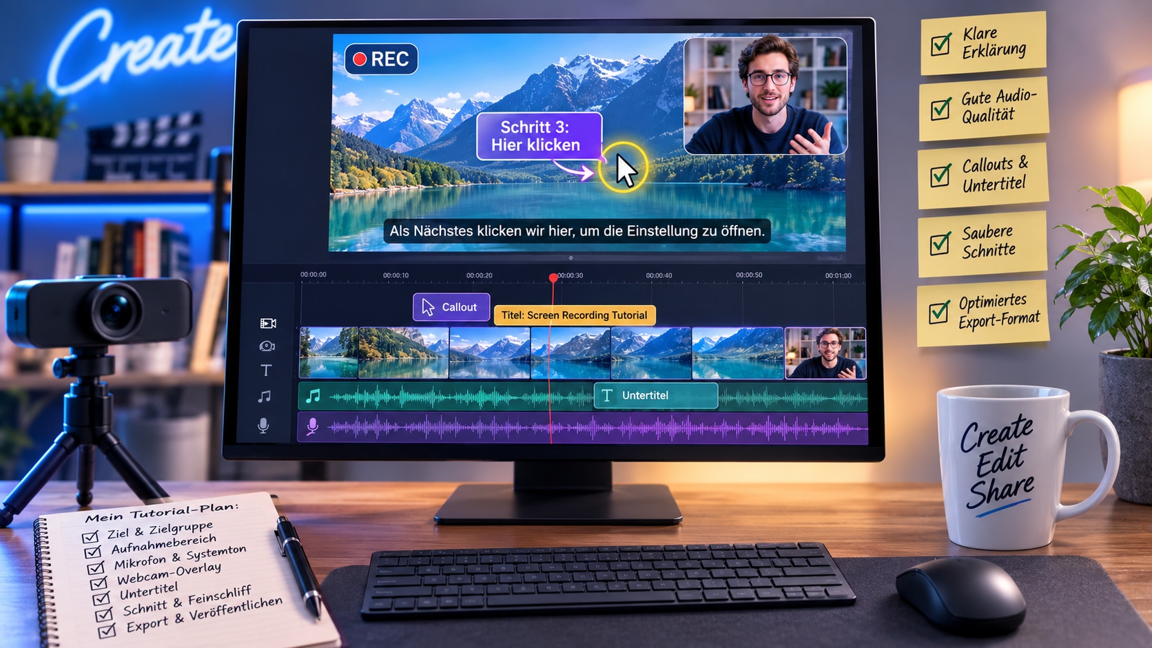 Filmora Timeline mit Bildschirmaufnahme Webcam Overlay Audio Wellenform Untertiteln und Callouts