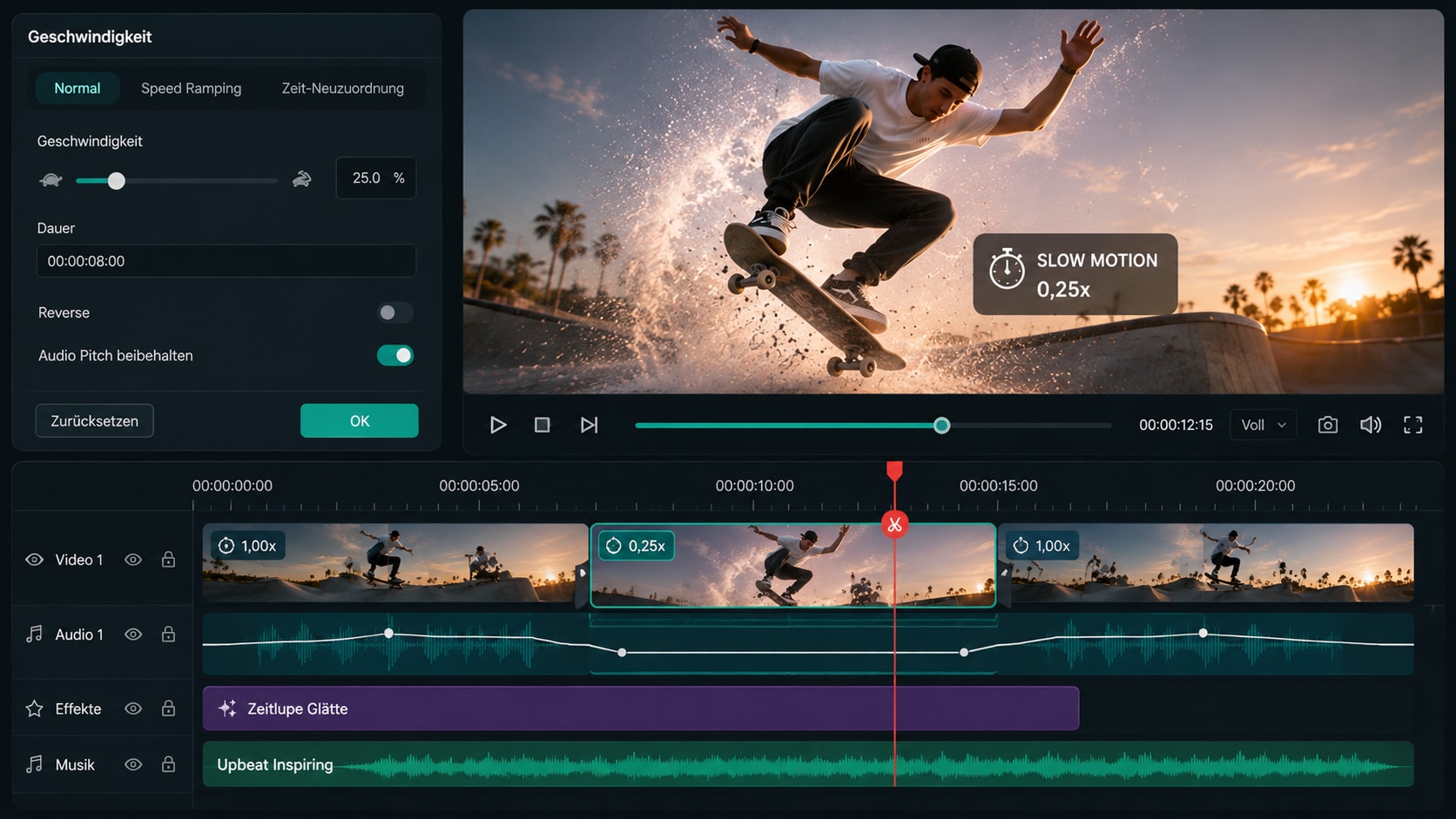 Filmora Timeline mit Speed Einstellungen Slow Motion Clip Audiotrack und Vorschau