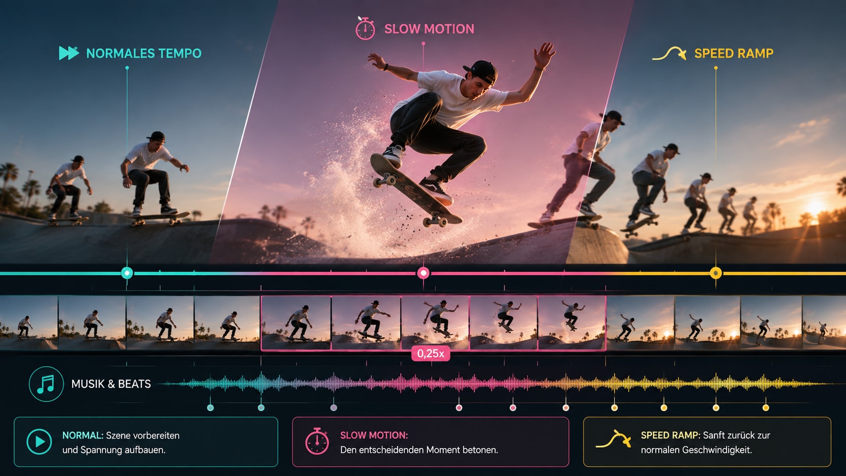 Slow Motion Timeline mit normalem Tempo verlangsamtem Abschnitt Speed Ramp und Musik Beats