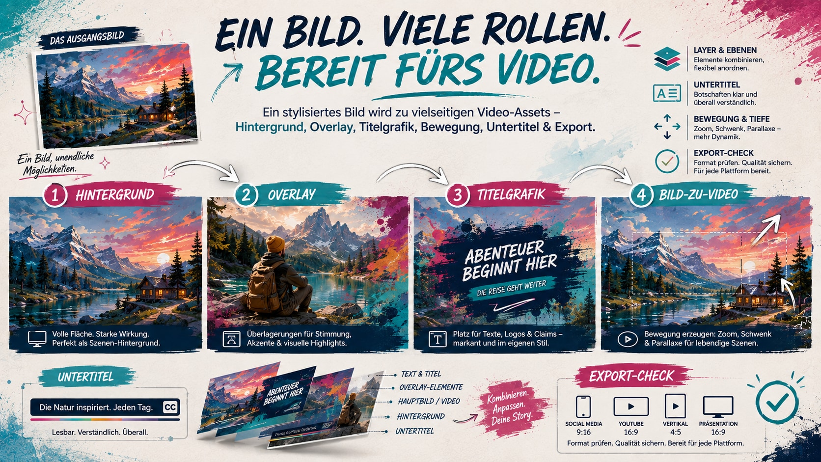 Filmora Timeline mit stilisiertem Bild als Hintergrund Overlay Titelgrafik und Bild zu Video Bewegung