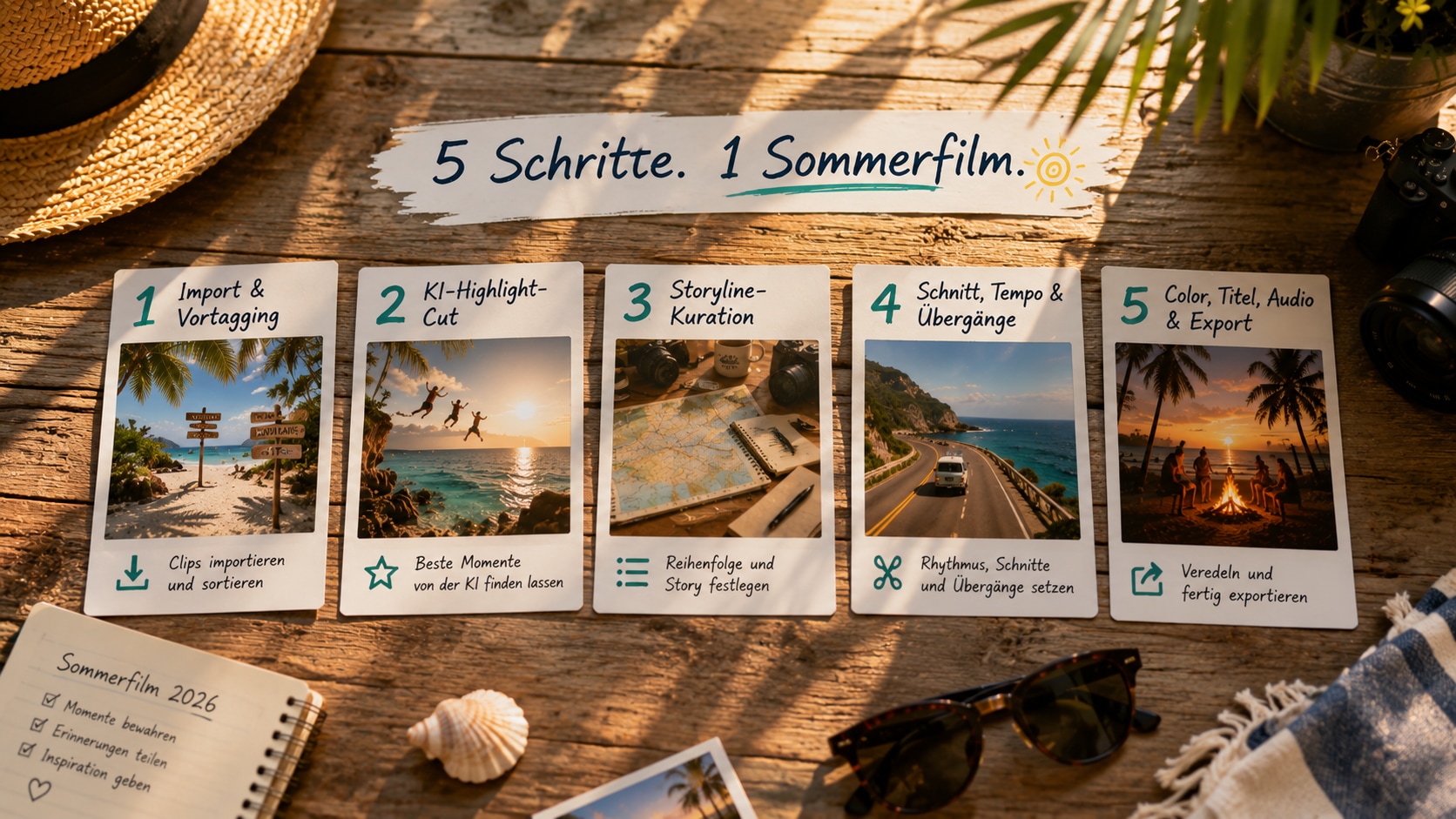 Fünf Polaroid‑Karten sortiert auf sonnenbeschienener Holzplatte – Visualisierung des 5‑Schritte‑Workflows vom Rohmaterial zum Endfilm