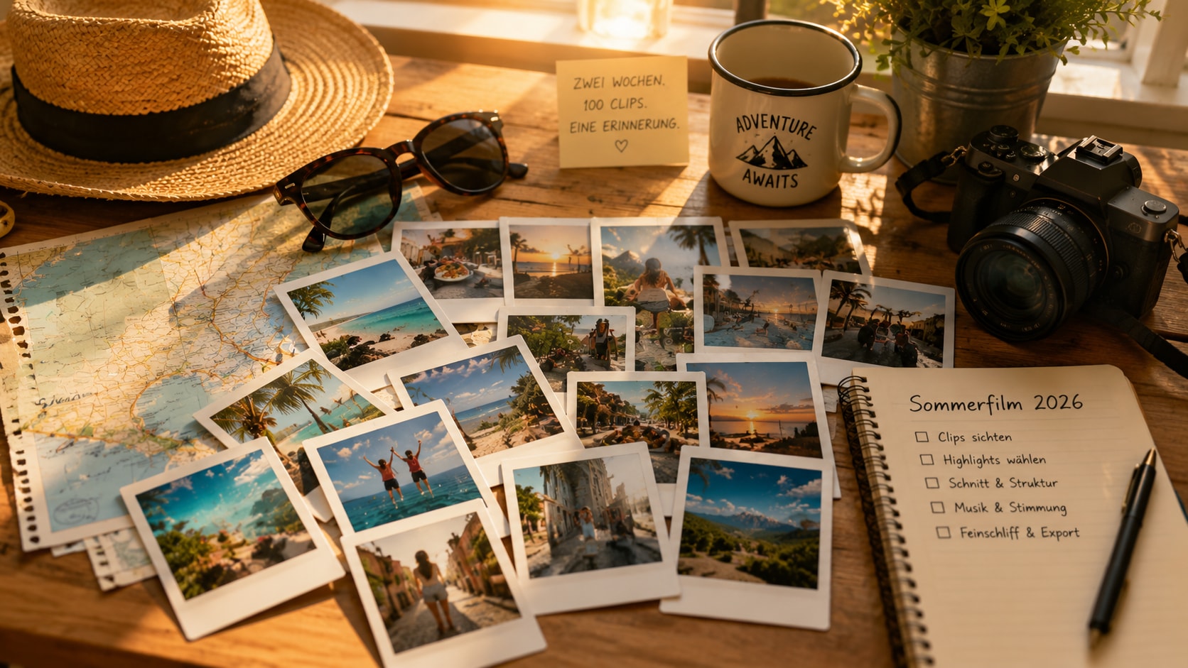 Sommerlicher Schreibtisch mit Polaroid‑Reisefotos, Strohhut, Sonnenbrille und Seekarte – Symbolbild für 100 gesammelte Urlaubsclips vor dem Filmschnitt