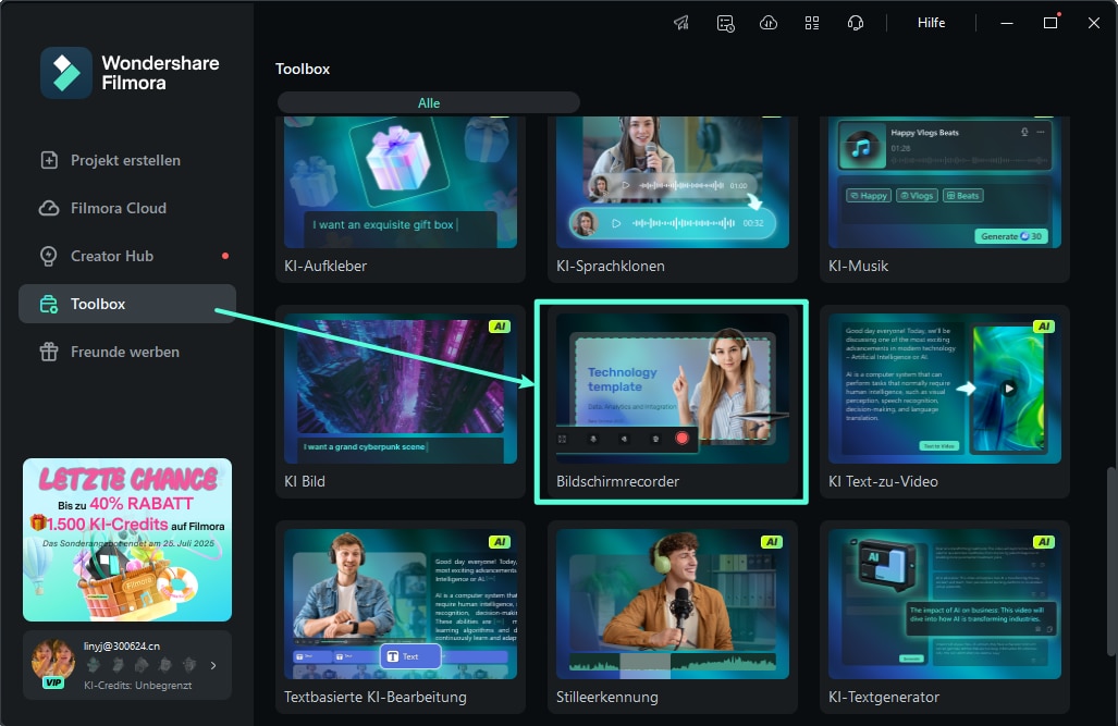 Klicken Sie oben im Startmenü auf „Toolbox“ > „Bildschirmrecorder“