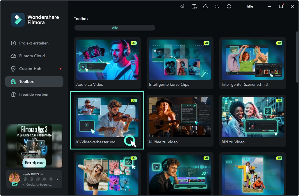 Wählen Sie „Toolbox“, „KI-Videoverbesserung“, um die automatische Optimierung zu starten.