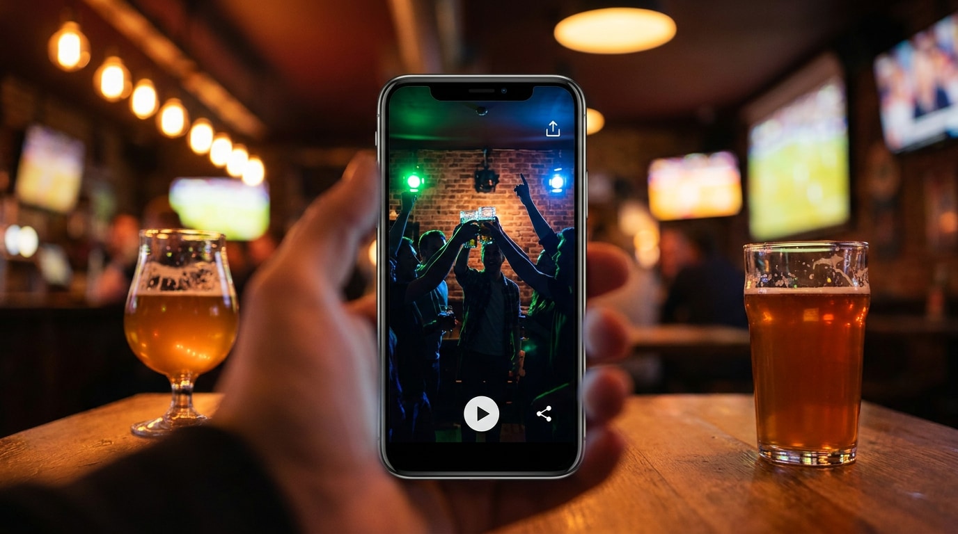 Vertikales Promo-Video für eine Fußball-Watch-Party wird auf einem Smartphone angezeigt