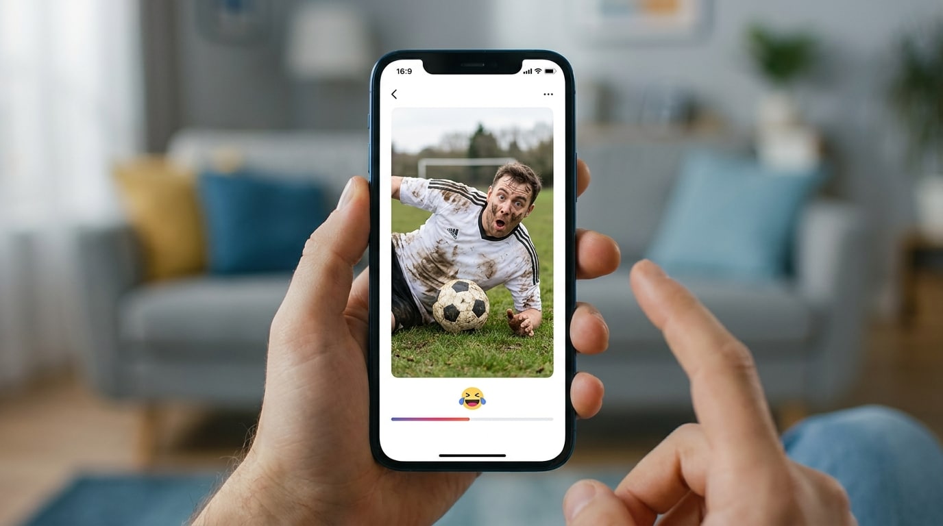 Bildplatzhalter für einen vertikalen lustigen Fußballclip als Social-Media-Vorschau