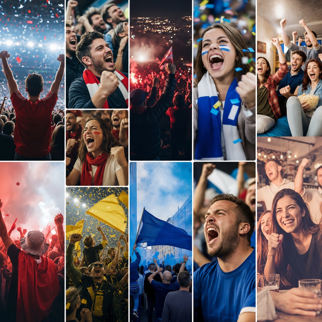 Collage aus vertikalen Fan-Jubelvideos mit Reaktionen, Feiermomenten und Social-Media-Stimmung