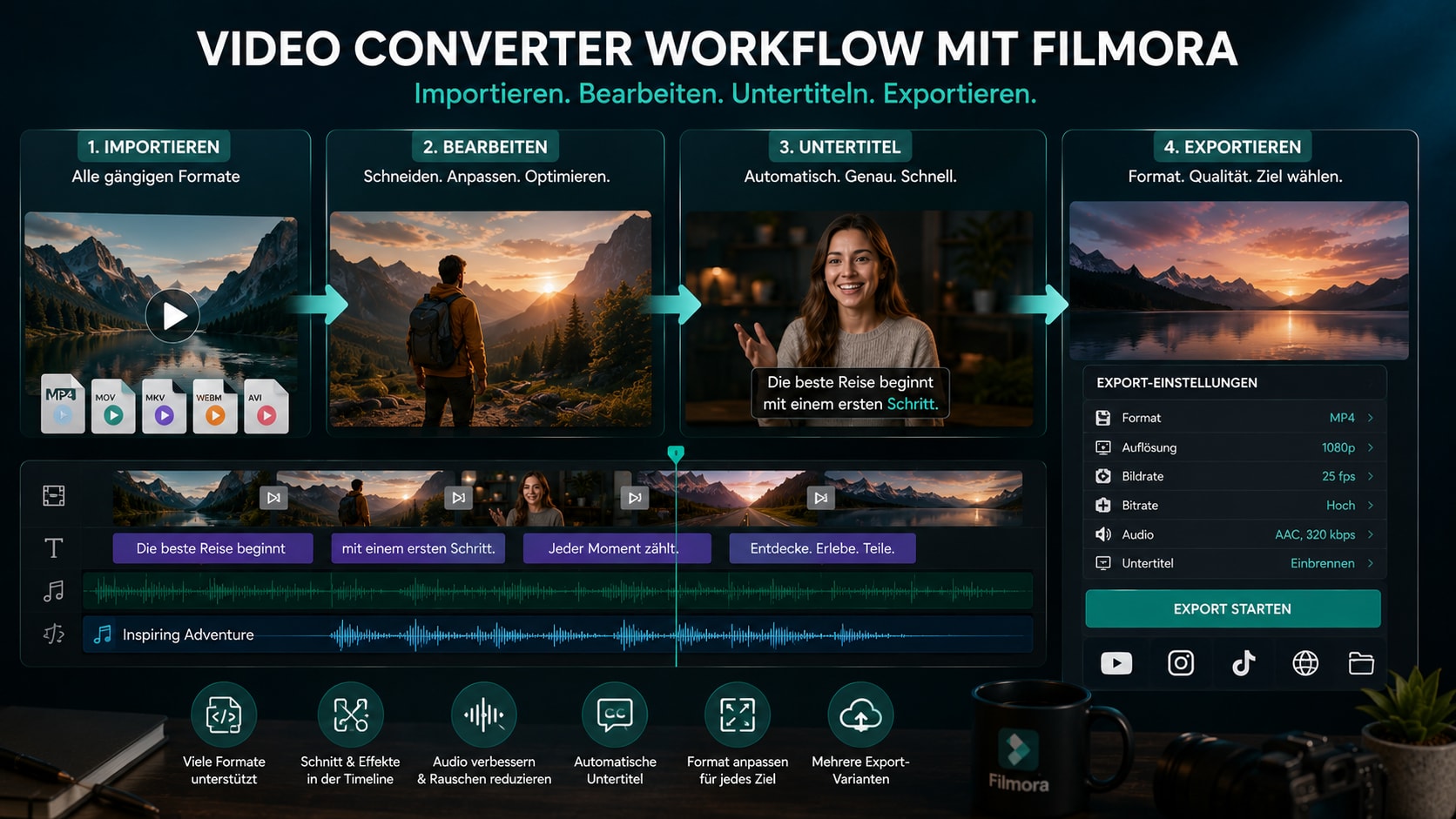 Filmora Timeline mit Video Converter Workflow, Untertiteln und Export Einstellungen