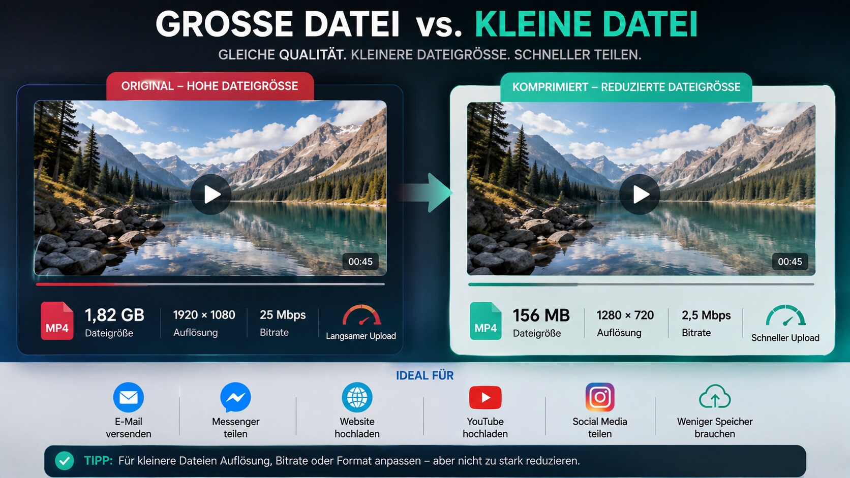 Vergleich von hoher und reduzierter Dateigroesse fuer Upload und Versand