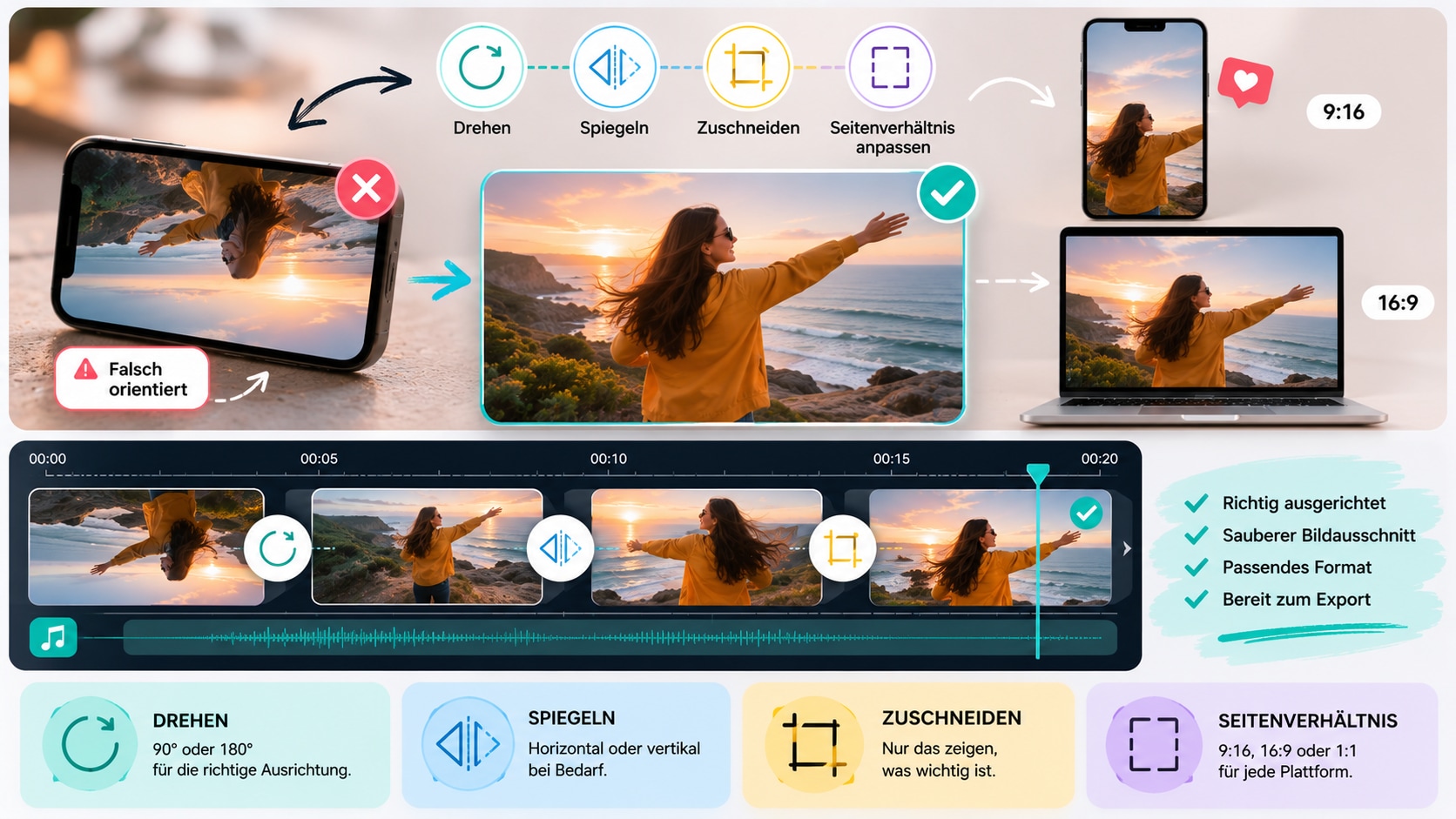 Filmora Timeline mit Rotate Flip Crop und Aspect Ratio Controls