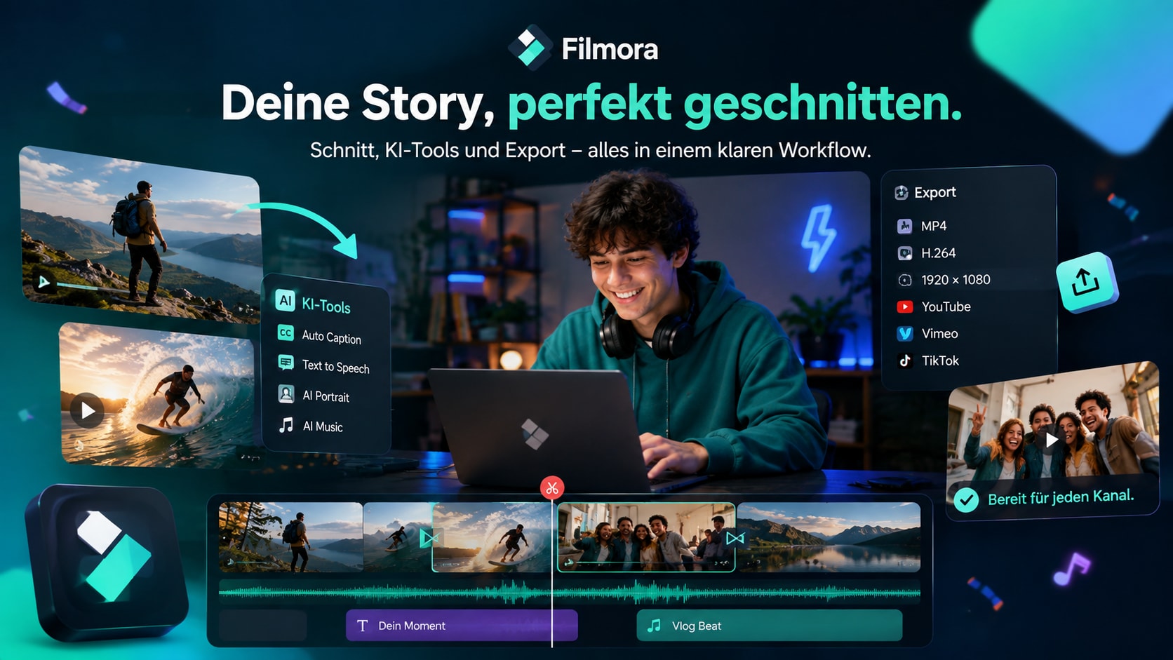 Filmora-Oberfläche mit Zeitleiste, KI-Hilfen und Exportbereich für Videoprojekte