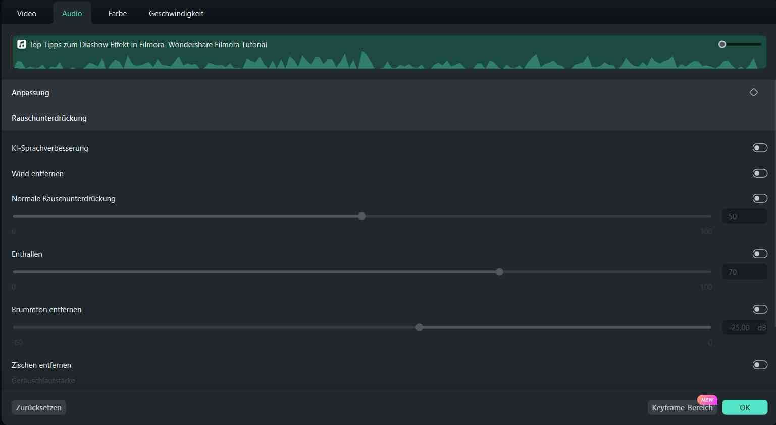 filmora audio bearbeitungsfunktionen