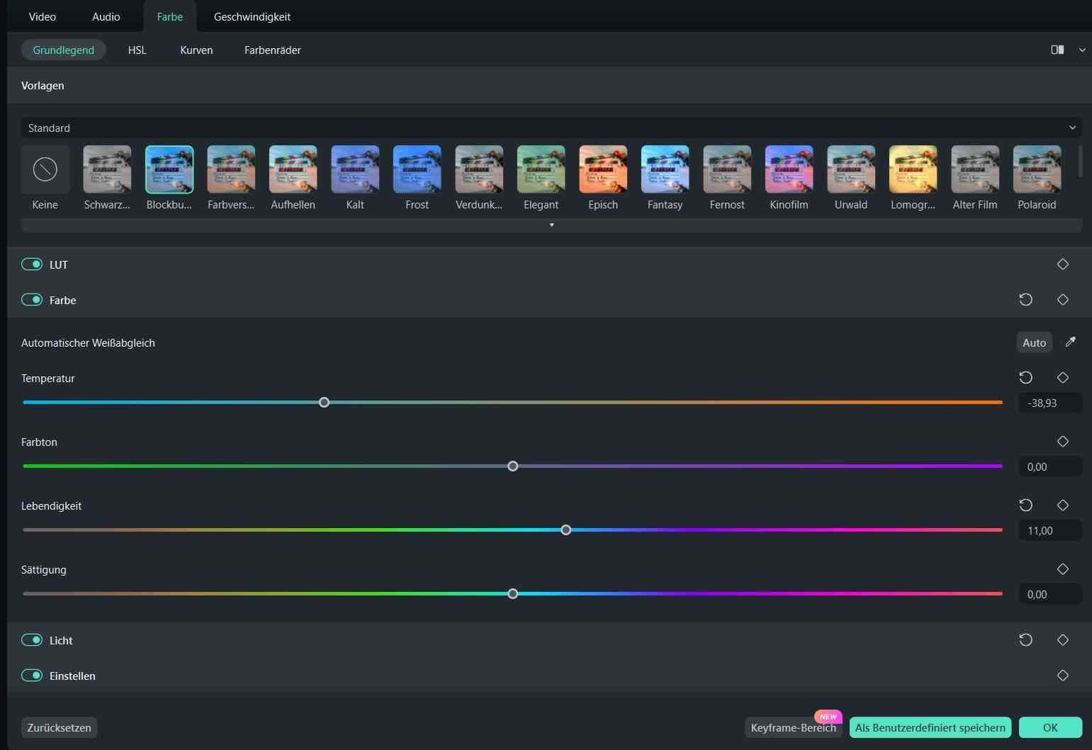 filmora farbe bearbeitungsfunktionen