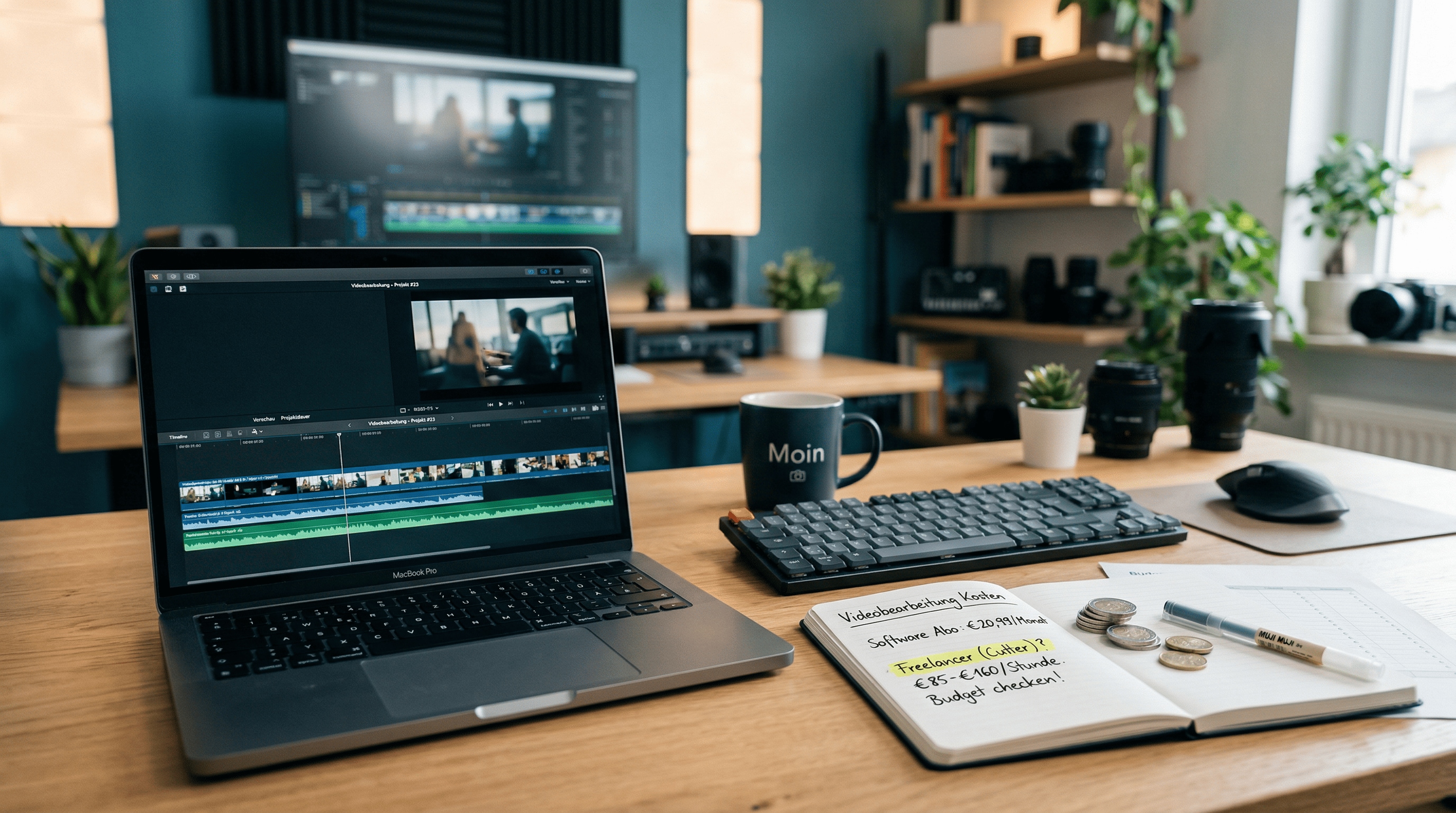 Moderner Arbeitsplatz mit Laptop, Videoschnitt-Timeline und Budgetnotizen, symbolisiert die Kosten von Videobearbeitungssoftware und professionellen Videoeditoren für Creator und Unternehmen.