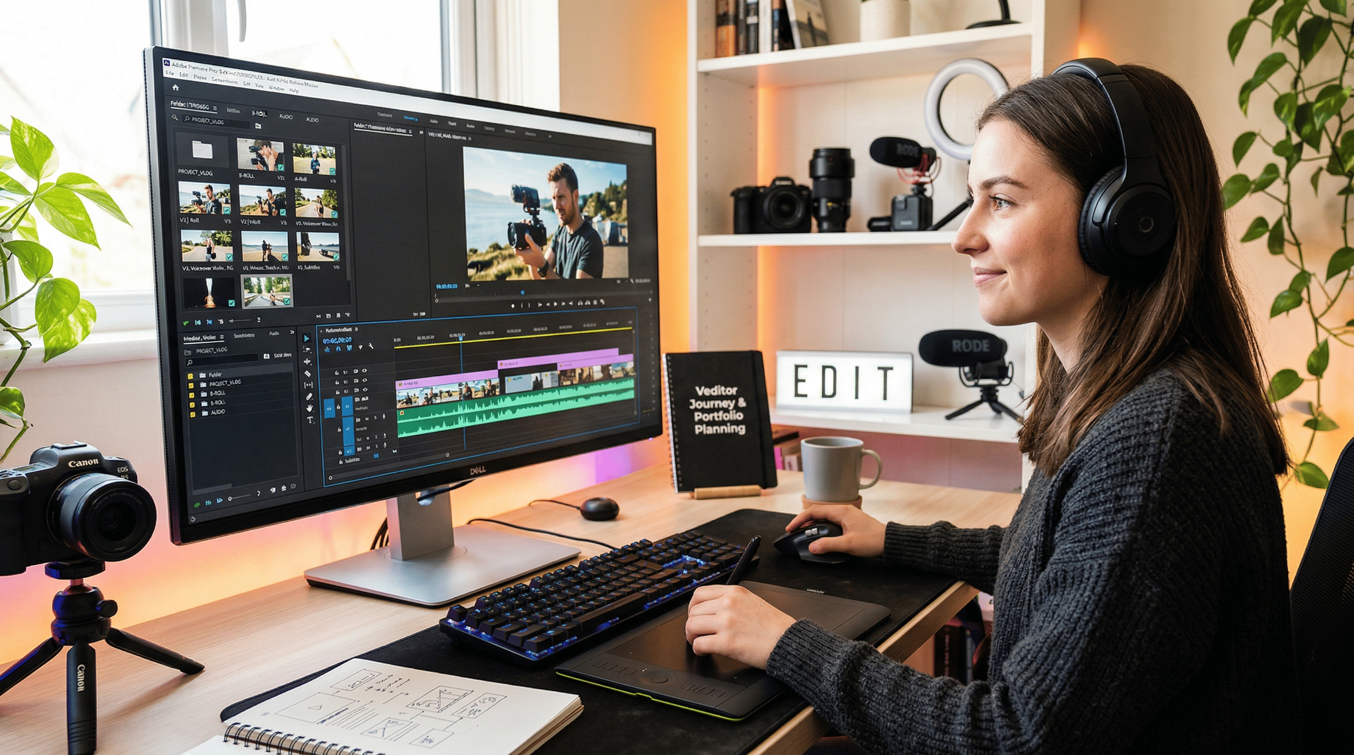 Junger Content Creator am Schnittplatz mit Timeline, Untertiteln und Audio-Spuren, symbolisiert den Einstieg in Videobearbeitung, Portfolioaufbau und kreative Karriere.