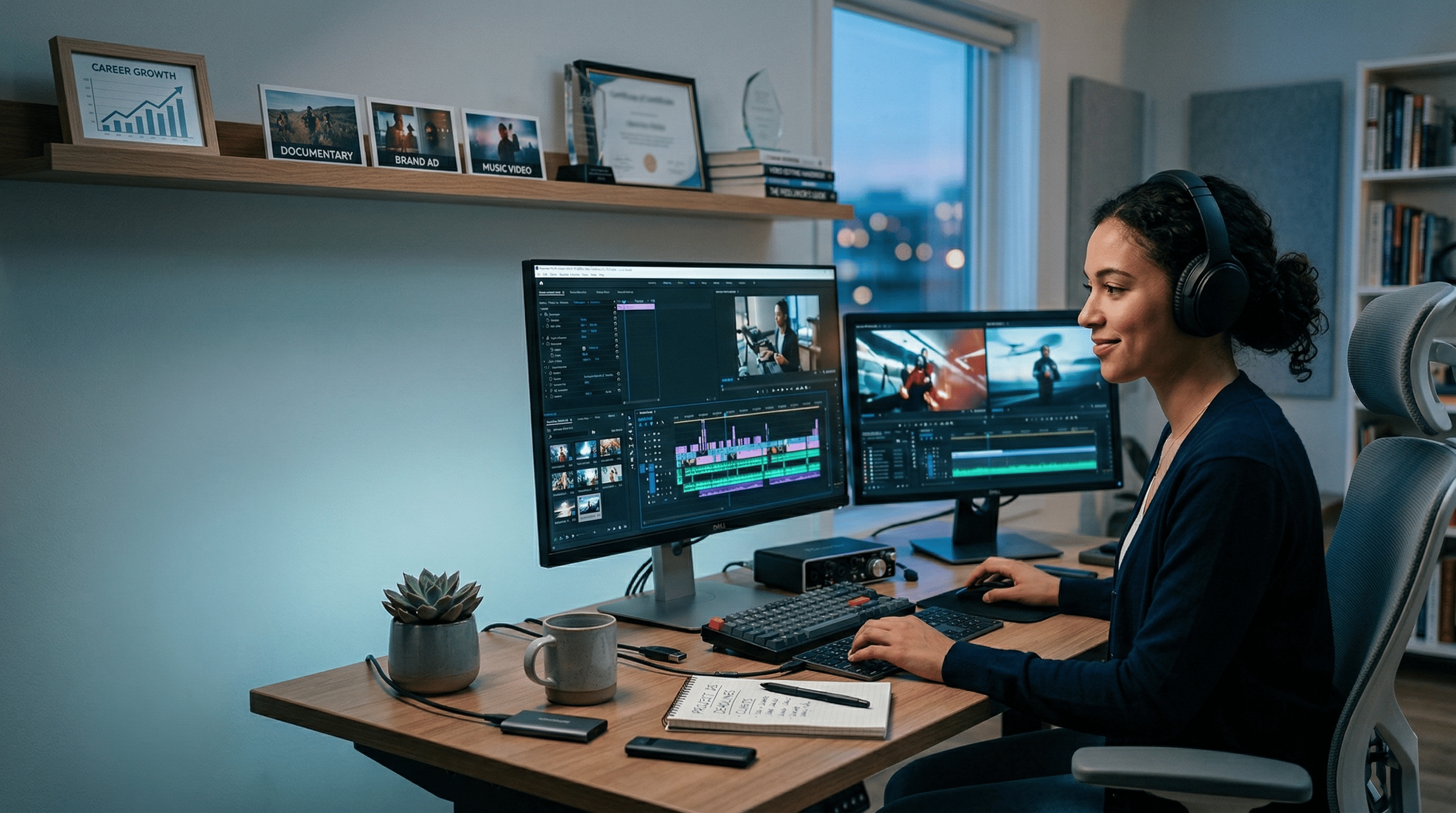 Moderner Video-Editor-Arbeitsplatz mit Schnittsoftware, Projekt-Timeline und kreativer Arbeitsumgebung, symbolisiert Karriereeinstieg, Portfolioaufbau und berufliche Entwicklung in der Videobearbeitung.