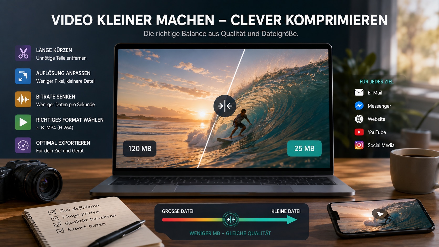 Filmora Exportfenster mit Komprimierungs- und Qualitaetsoptionen